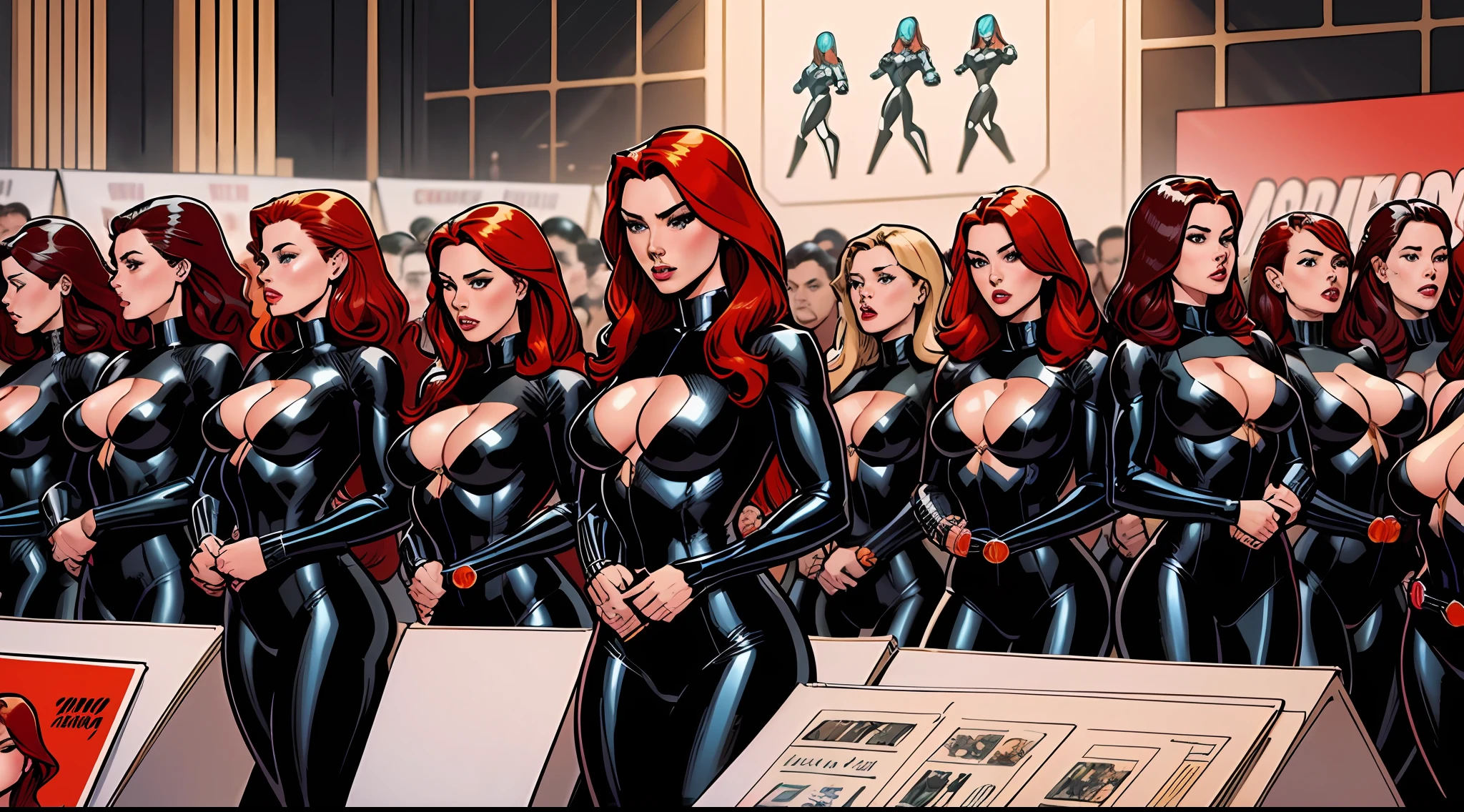 comics style, analog style, illustration, lineart, blackwidow, red hair, black bodysuits, (thousands of, crowd of), identical girls, crowd shot, identical sisters, clones, matching hairstyle, matching outfit, matching face, crowded, filled with clones