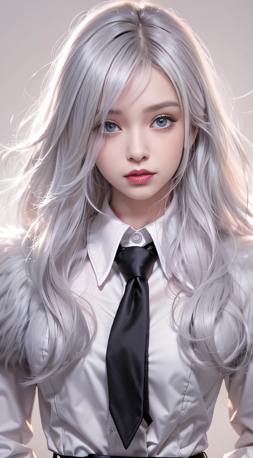 Photorealistic, high resolution, 1 Women, Solo, Waist up, Beautiful eyes, Close lips, Detailed face, White hair, Long hair, Collared shirt, black necktie,Black skirt, pencil skirts, Fur coat, Stockings