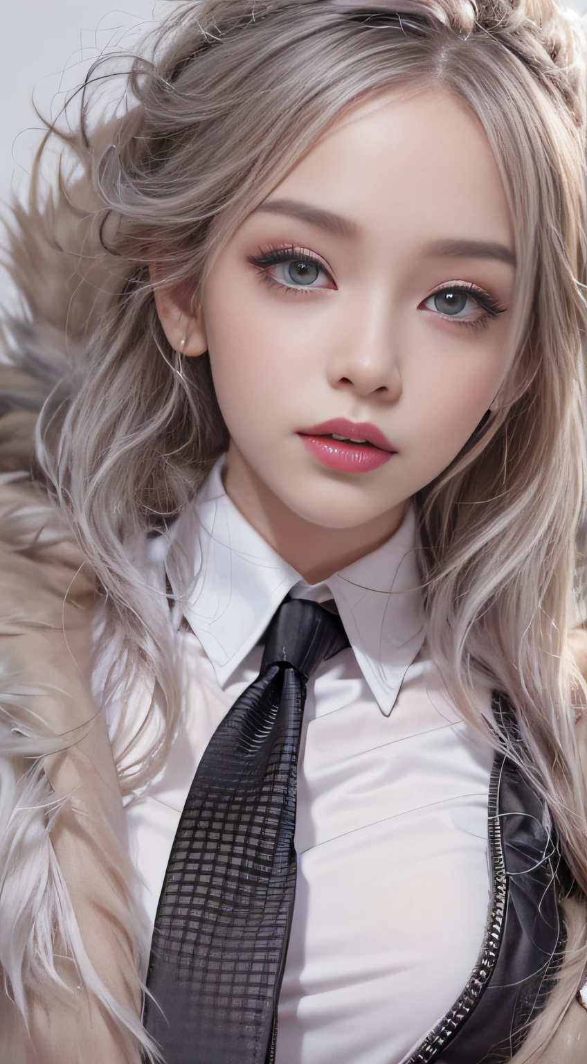 Photorealistic, high resolution, 1 Women, Solo, Waist up, Beautiful eyes, Close lips, Detailed face, White hair, Long hair, Collared shirt, black necktie,Black skirt, pencil skirts, Fur coat, Stockings