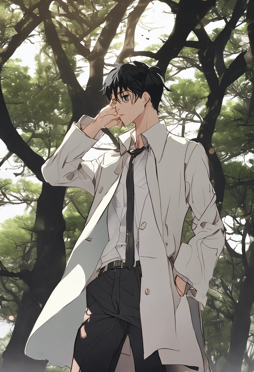 Handsome anime guy with short black hair and bright eyes，The body is well-proportioned and robust。Clothes wearing a white trench coat、Under the trees