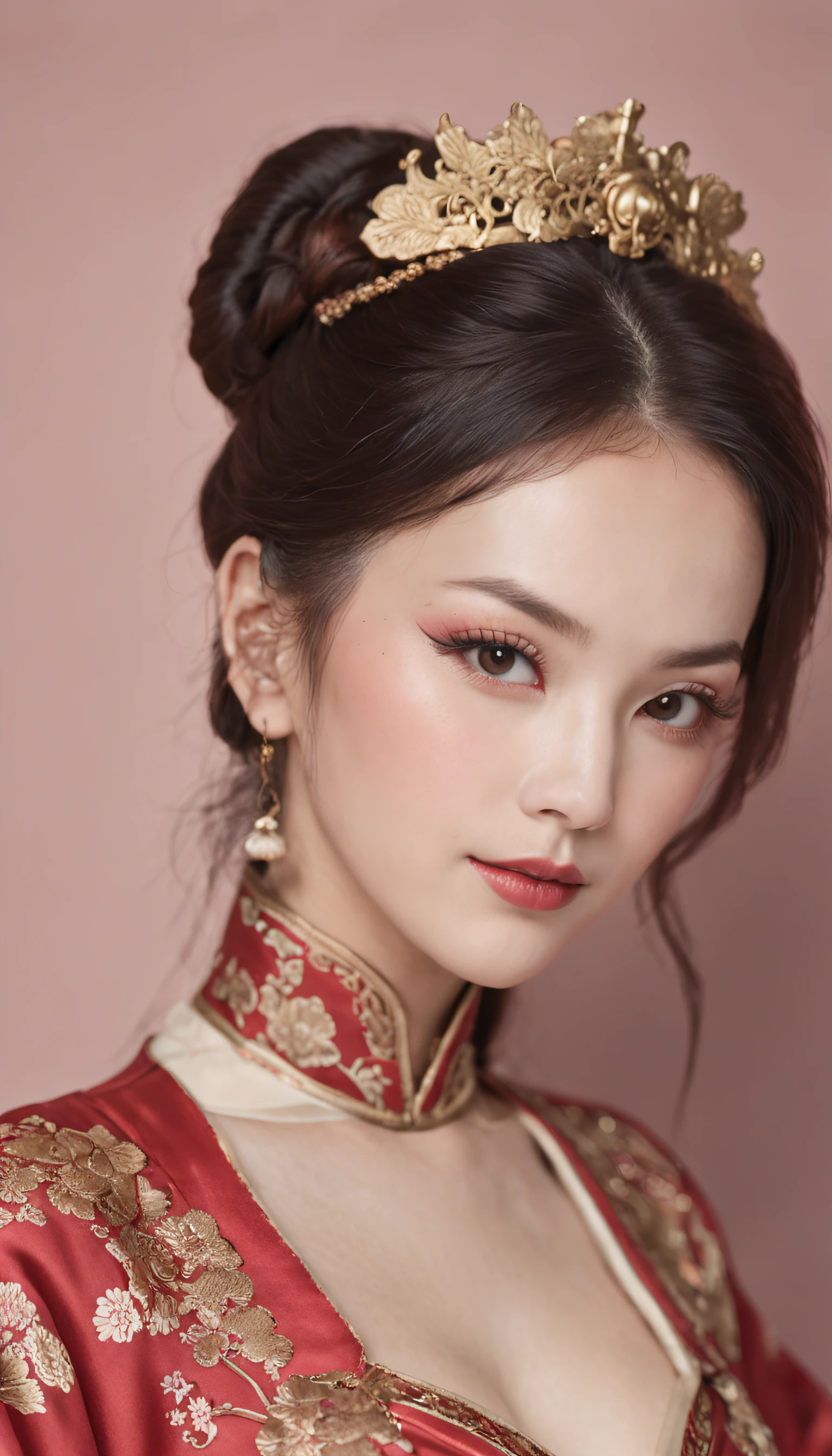One person,Upper Body,Fashionable Girl,China dress,Chinese clothing,Hair Flower,(masterpiece:1.4),(Highest quality:1.4),(Glowing Skin),Red lips,View your viewers,Large Breasts,Lips parted
