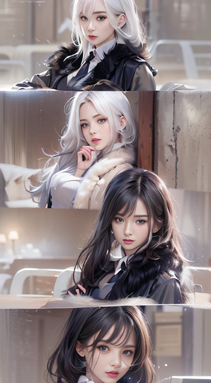 Photorealistic, high resolution, 1 Women, Solo, Waist up, Beautiful eyes, Close lips, Detailed face, White hair, Long hair, Collared shirt, black necktie,Black skirt, pencil skirts, Fur coat, Stockings