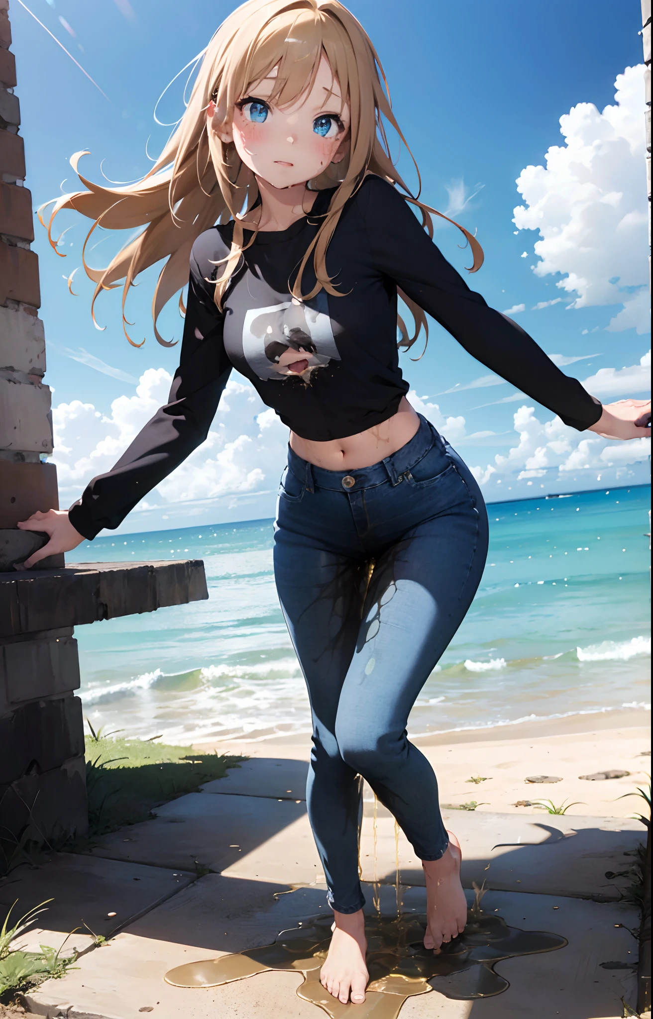 masterpiece, extremery magnificent view, perspective, extremery best quality, extremery detailed CG, 8k wallpaper, high resolution, highly detailed face, highly detailed eyes, perfect anatomy, super detailed skin,
(dynamic angle, dynamic pose:1.2), outdoors, beach, smooth waves, (portrait, legs focus, full body), (beautiful face, beautiful eyes, beautiful legs:1.3), (((((((pee stain))))))), blush, worried,
1 girl, solo, (black top, blue jeans pants:1.3), (skinny jeans:1.3), long sleeves, medium breasts, blond hair, long hair, floating hair, straight hair, open forehead, (barefoot:1.3), blue eyes, (navel:0.8), skinny, slender, wide hips, thin waist