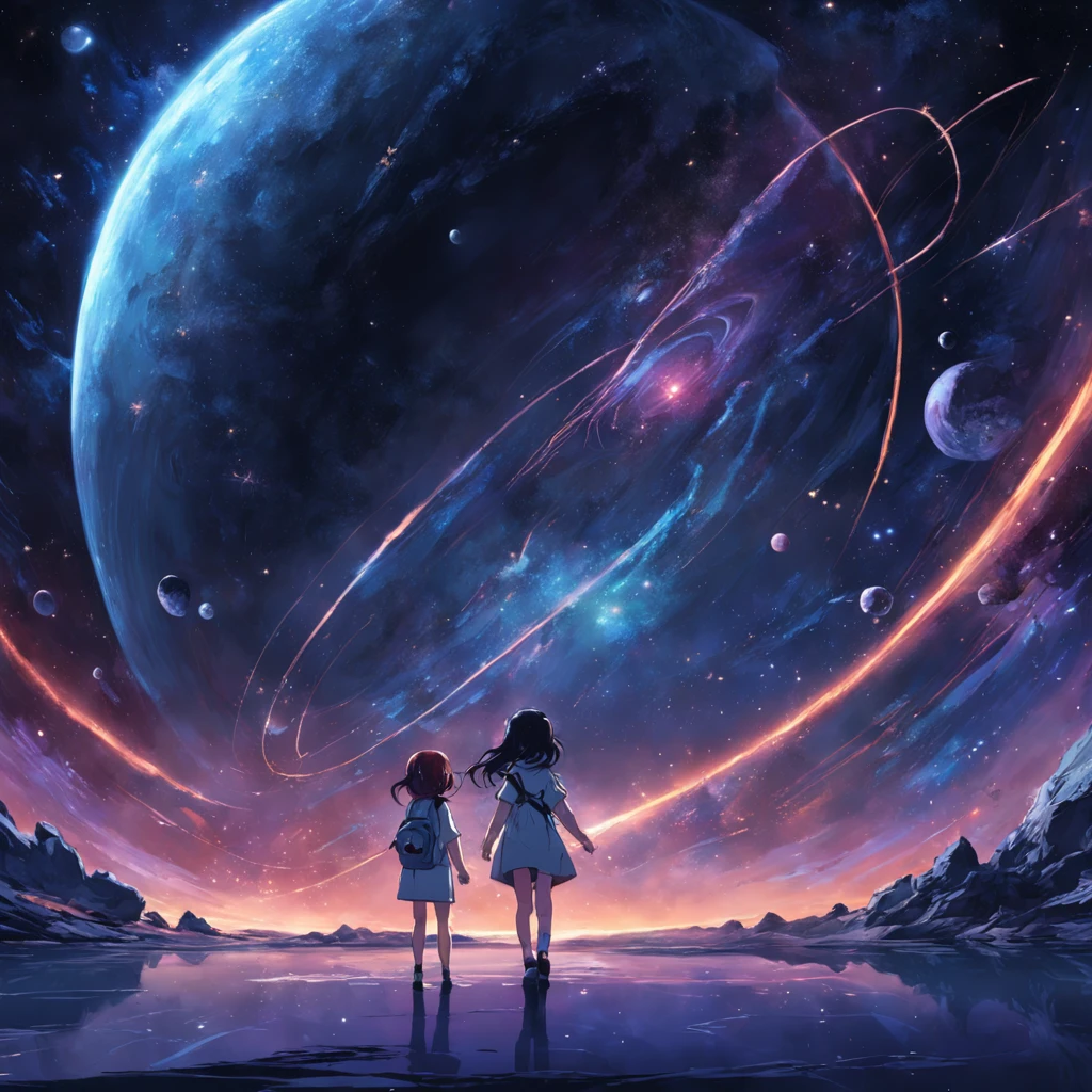 cosmic space，2girls，Starship，Distant planets，Comet streaked by，Deep black，（starlights：0.9）。