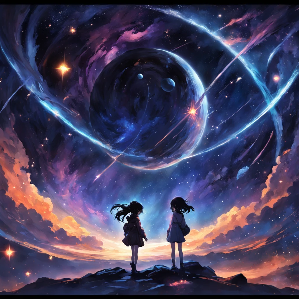cosmic space,2girls,Starship,Distant planets,Comet streaked by,Deep black,(starlights:0.9)。