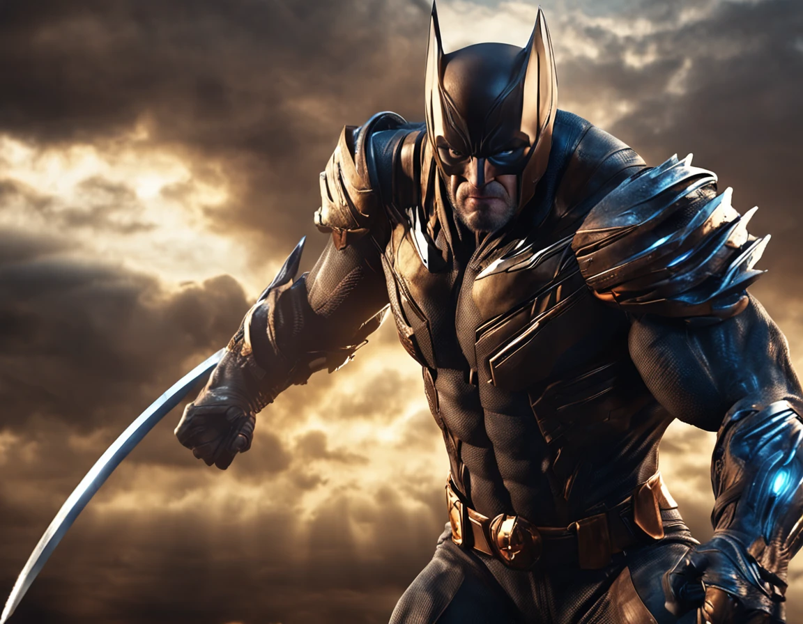 "WOLVERINE MARVEL merged into an epic, imagem detalhada. Mastery in quality and lighting. Stunning and impactful scenery. Dynamic and powerful action. Efeitos de sombra e luz melhorados. High resolution masterpiece. State-of-the-art CG art. Incredible and immersive result.+"