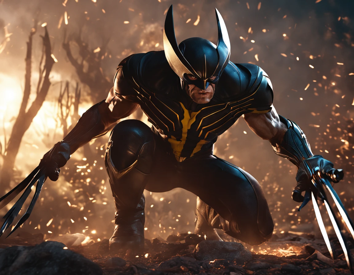 "WOLVERINE MARVEL merged into an epic, imagem detalhada. Mastery in quality and lighting. Stunning and impactful scenery. Dynamic and powerful action. Efeitos de sombra e luz melhorados. High resolution masterpiece. State-of-the-art CG art. Incredible and immersive result.+"