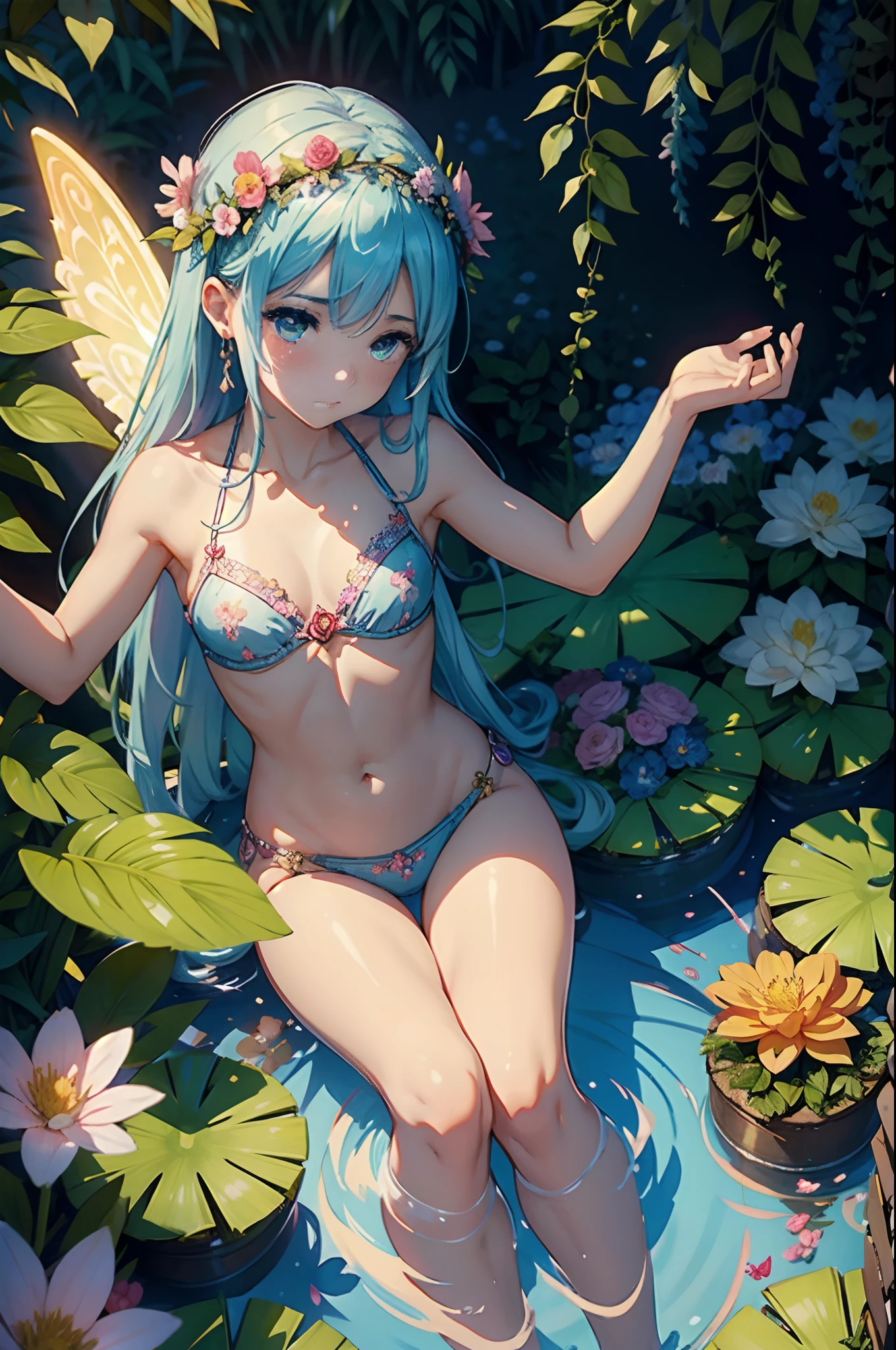 A goddess of love in her small garden, She is surrounded by beautiful flowers, Little angels and fairies accompany her. Su mirada revisa la dulzura, Se viste de forma luminosa y vaporosa. Su cuerpo es esbelto y espectacular. ((pechos grandes)) (cuerpo fitness)