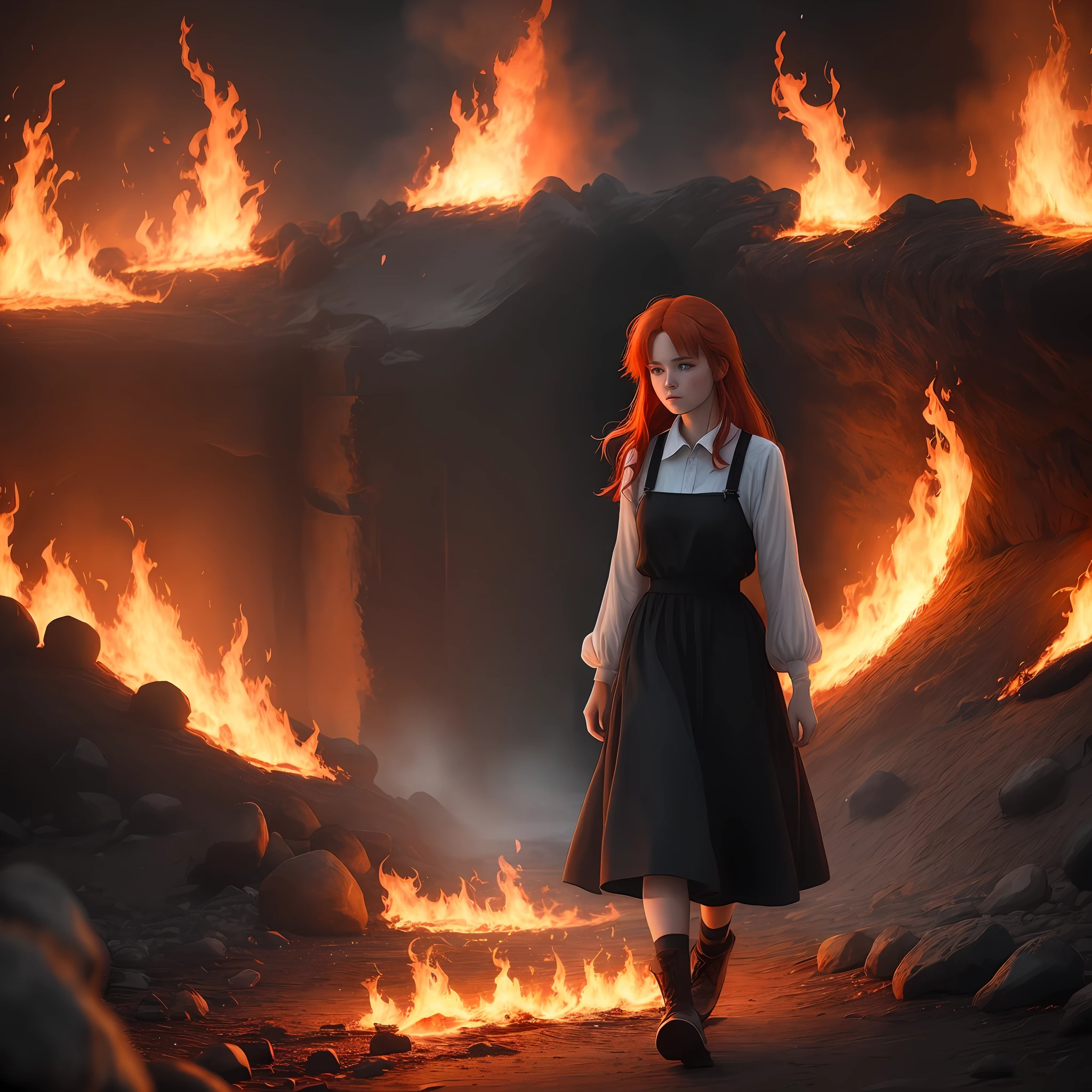 The red-haired girl walks through the flames