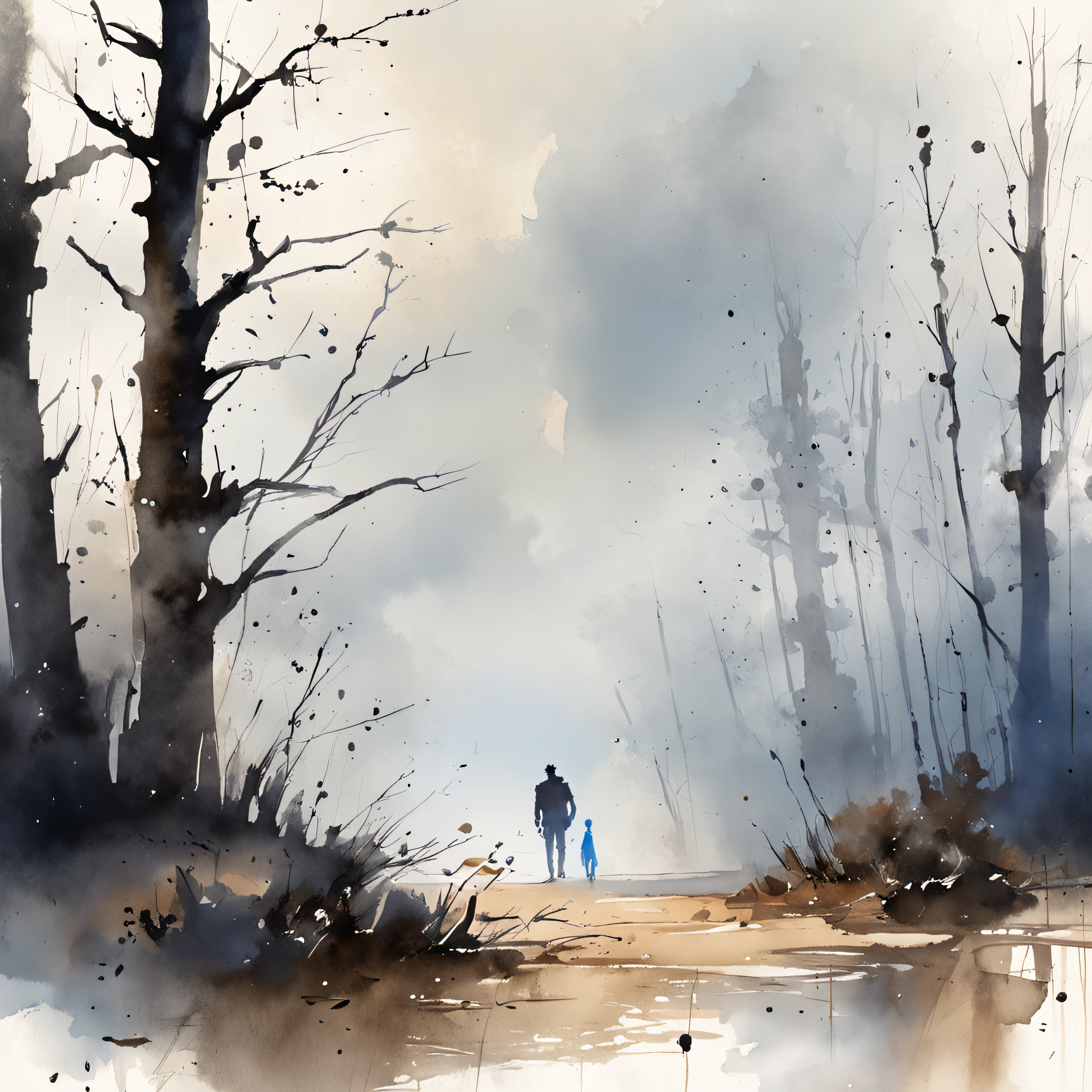 Two crows on a dead tree, A shadow shaped like a walker, Starry night, Thick fog on the ground, Blue light on the horizon, Unreal Engine 5, Cinematic, low angle photography, Motion blur, Depth of field, Dust, Cobblestones and dirt. Splash Art, dripping paint. Perfect color grading. Influenced by Karel Appel and Jeremy Mann, Full of dramatic and threatening scenes, Hyper-detailed, Beautiful, insanely details, Intricate details, editorial photography, shot with a 50mm lens, Depth of field, Tilt Blur, Shutter speed 1/1000, f/22. Lightmaps, Super bright