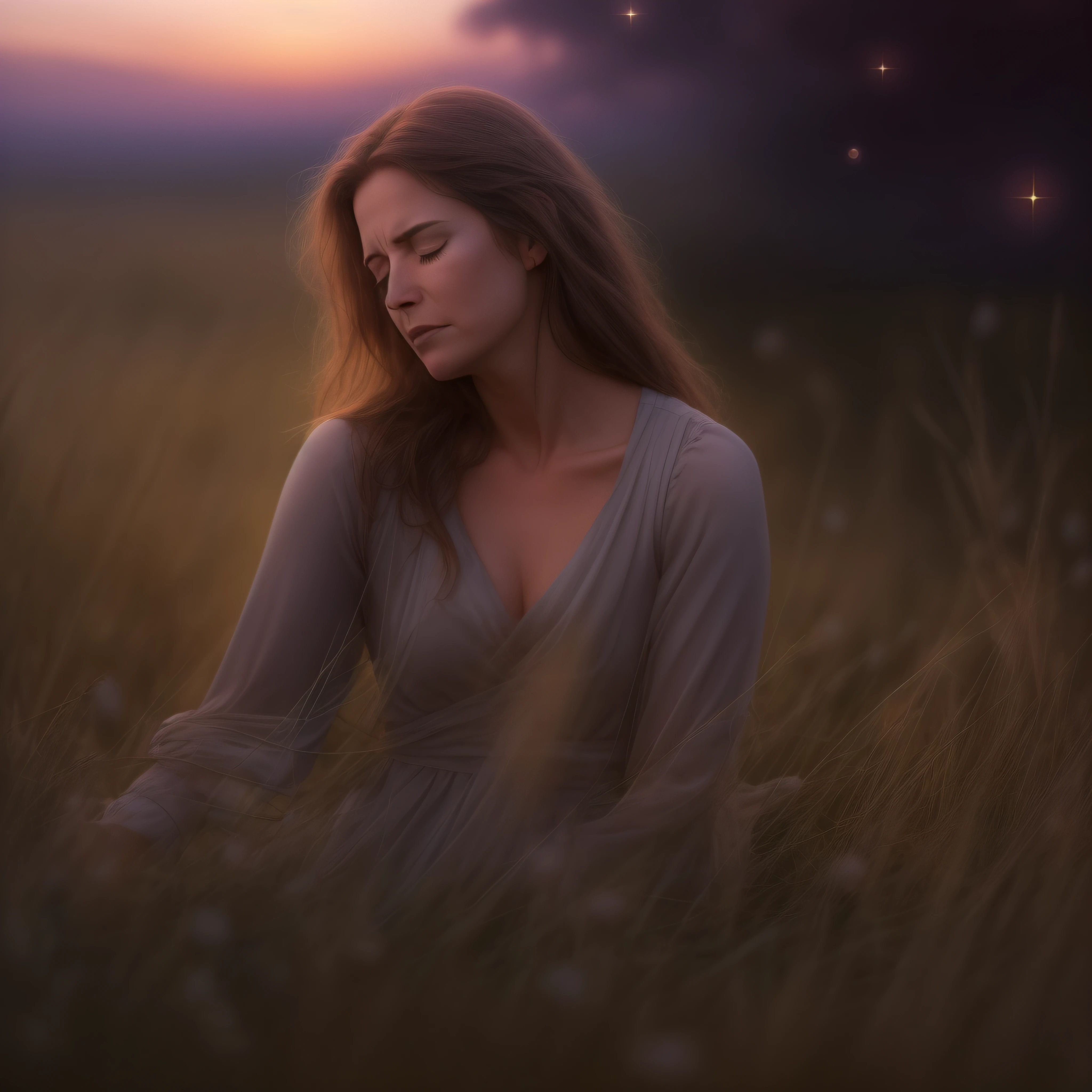 Jane walks alone through the quiet meadow as dusk settles over the countryside. Crickets chirp softly in the distance. The sky fades to a dusky purple, stars beginning to peek through.
Overcome by the beauty and stillness, Jane sinks to her knees in the grass. She lifts her hands up toward the heavens, worshipping in solitude.
Suddenly, she feels the Spirit surround her. Her body trembles, tears filling her eyes. She is lost in religious ecstasy, transported by a powerful vision.
Jane calls out prophecies revealed to her, speaking mysteries in an unknown tongue. She weeps openly as divine encounters unfold in her mind's eye.
The intensity increases until Jane collapses backward, arms stretched wide, fainting from the rapturous experience. Time stands still as she lies there enveloped in the grass.
At last, Jane rises renewed, her soul touched by the mystical revelation. She breathes deeply the night air, gazing upward with fiery eyes alight. Jane walks on, charged now to share this vision that came to her alone in the field.