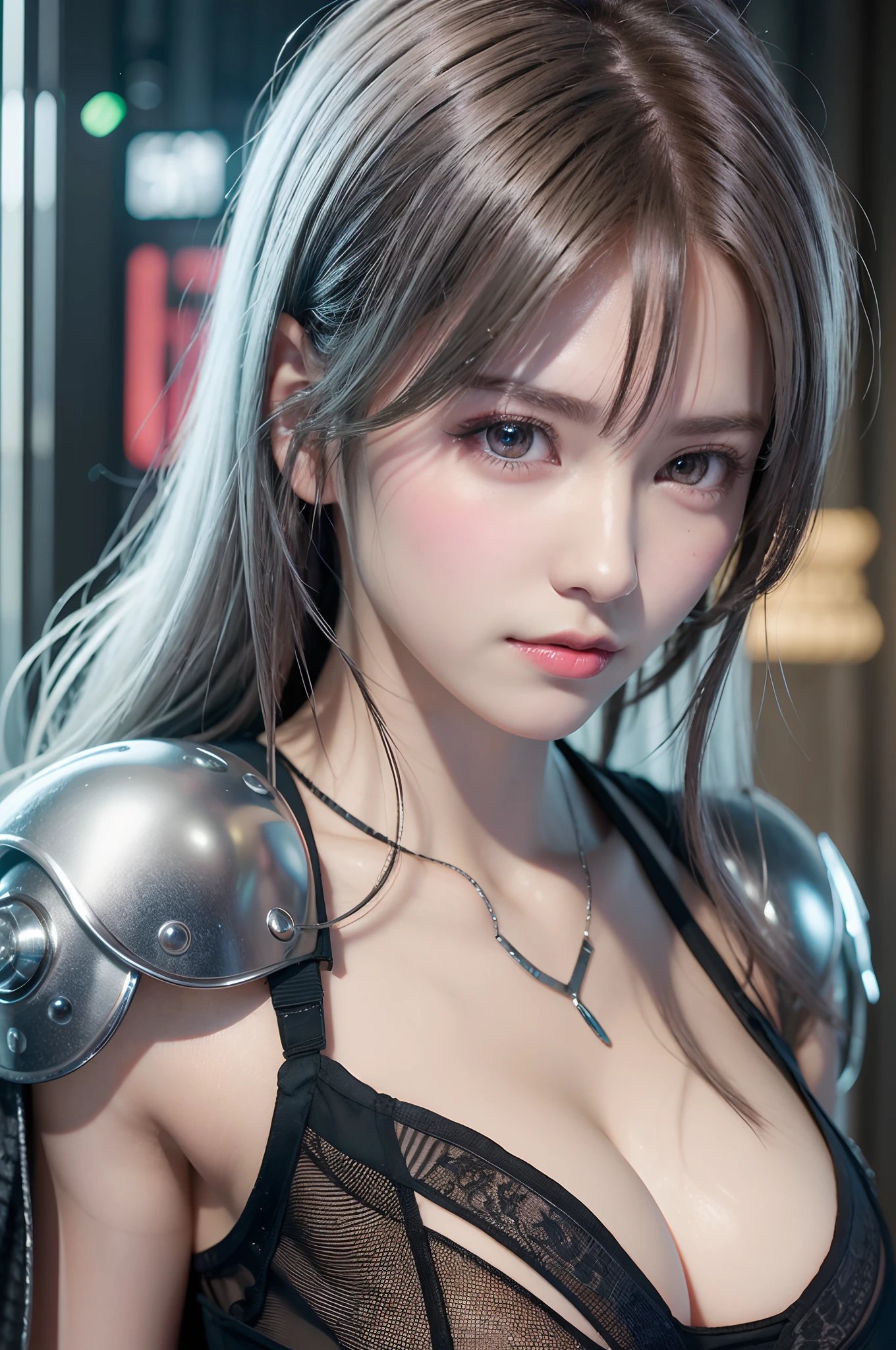 top-quality、8K Masterpiece、超A high resolution、(Photorealsitic:1.3)、Raw photo、1人、silver white hair、glowy skin、1 Cyberpunk Super Beautiful Soldier、((super realistic details))、portlate、globalillumination、Shadow、octan render、8K、ultrasharp、beauty breast、Raw skin is exposed in cleavage、metals、cold color、、highly intricate detail、Realistic light、CGSoation Trends、Beautiful eyes、radiant eyes、Facing the camera、neon details、
