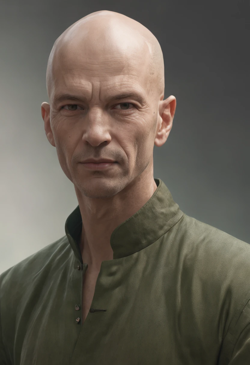 Futuristic portrait of a man with a bald head and an olive green shirt, simetria, profundidade de campo, intrincado, elegante, altamente detalhado, pintura digital, art-station, arte conceitual, liso, foco nítido, illustration, Como imaginado por Greg Rutkowski e Borris Vallejo