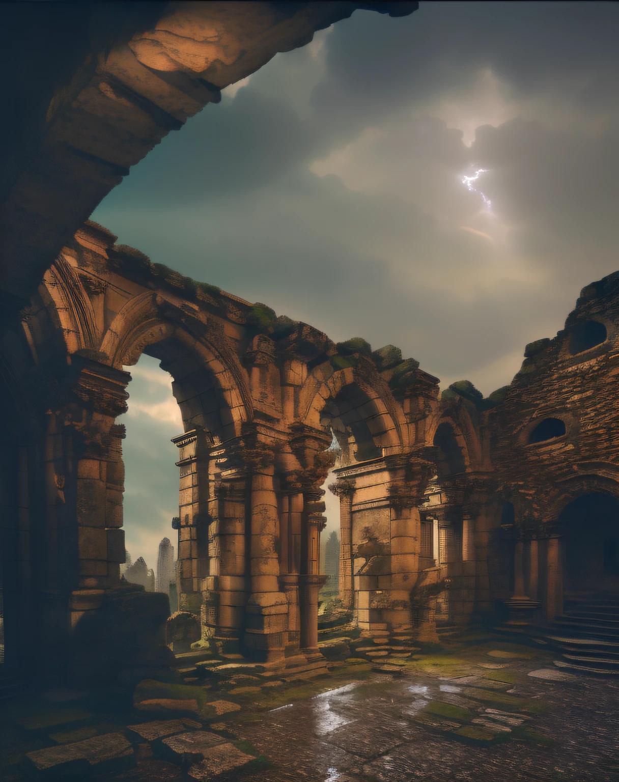 ceu azul com nuvens, Sunlight shining through a window in an ancient stone building, ceu azul com nuvens, arquitetura medieval arruinada, ancient ruins, inside a ruined abbey, Sunlight wells in the center, fundo medieval sombrio, ruins in background, Inside the ruined Gothic church, background are the ruins, dark ruins landscape, Ancient mystical ruins, Castle Ruins, Epic view of ancient ruins, in ancient ruins of the city, ceu azul com nuvens.