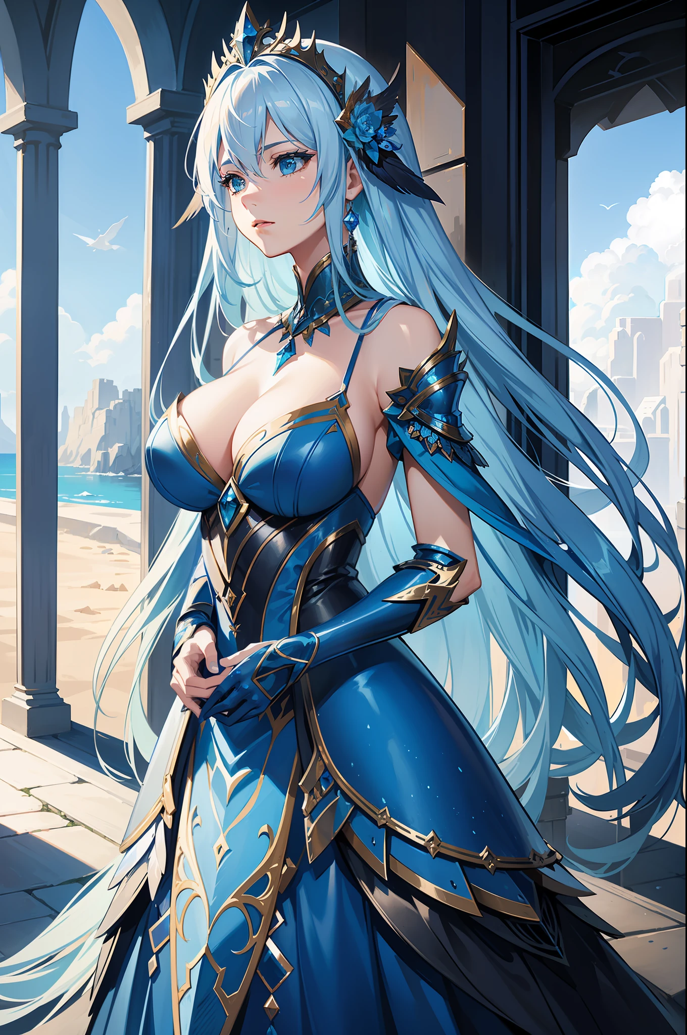 a close up of a woman in a blue dress with a feathered headpiece, detailed fantasy art, epic exquisite character art, 2. 5 d cgi anime fantasy artwork, stunning character art, 4k fantasy art, pale blue armor, highly detailed fantasy art, detailed fantasy digital art, clothed in ethereal armor, fantasy art style, beautiful armor, beautiful fantasy art