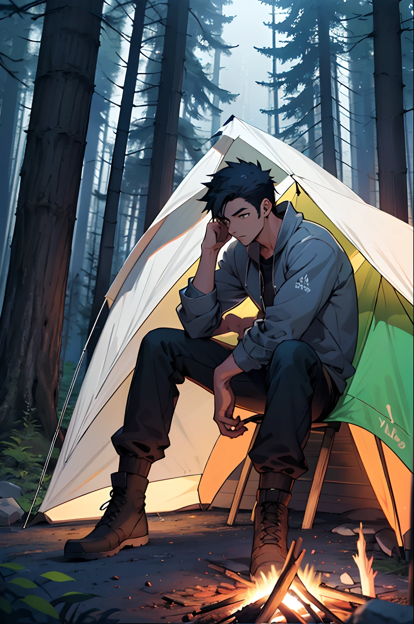A boy with blue swaeter and black pant isnsitting in a white small tent and there is a campfire outside the tent . The tent isnin dennse forest .This image should be in front angle , anime style