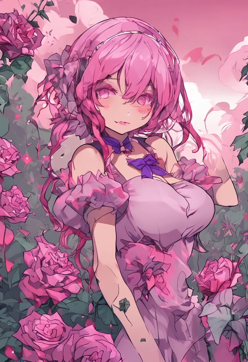 A pink-haired,loli face,Wearing purple lace underwear,Bigchest