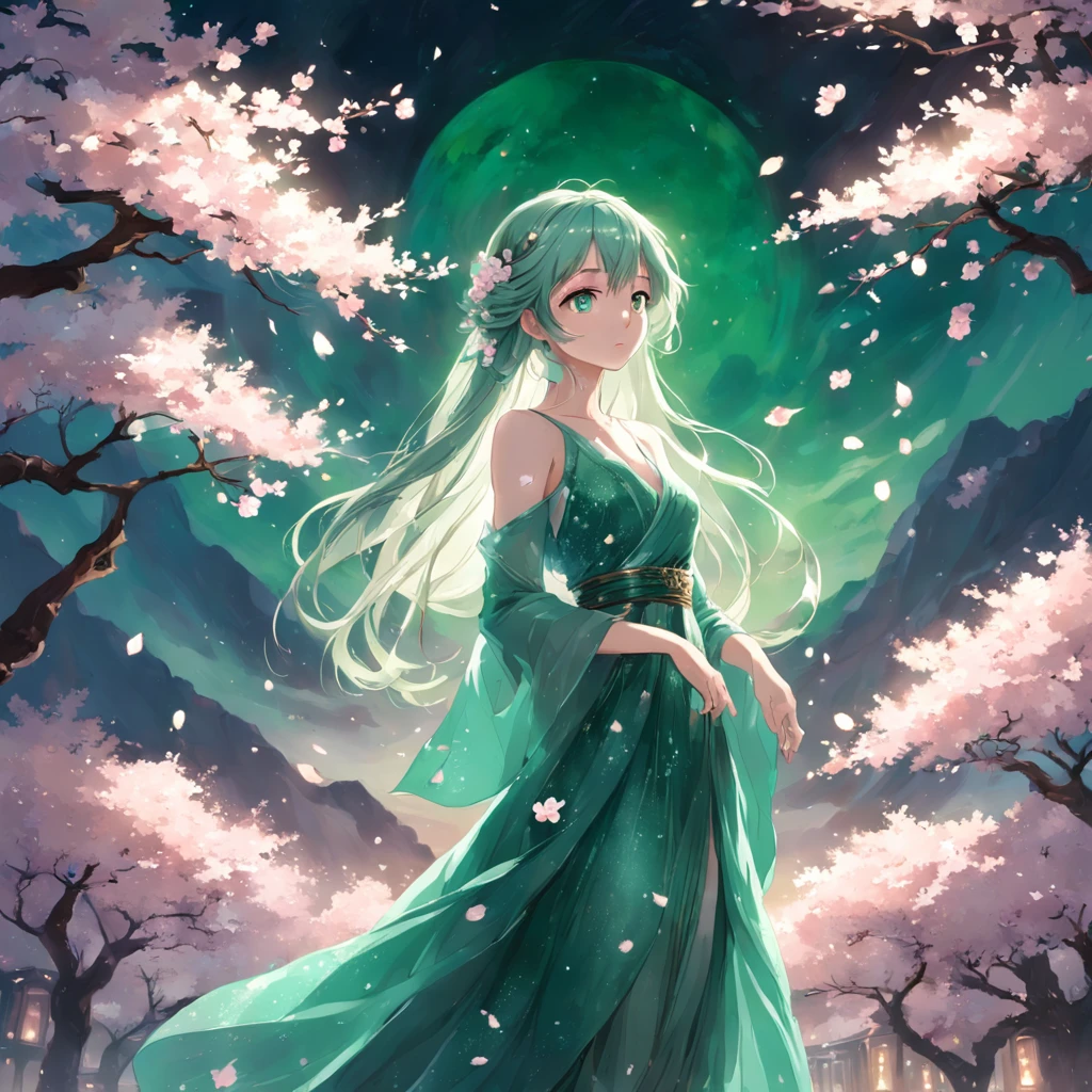 "A woman with a mysterious aura and captivating beauty, radiating elegance and grace. She is adorned in a flowing gown, shimmering under the soft moonlight. Her eyes are a piercing shade of emerald, sparkling with secrets. Surrounding her are delicate cherry blossom petals, gently falling with a whisper of the breeze. The scene is bathed in a dreamy atmosphere, evoking a sense of enchantment and wonder."