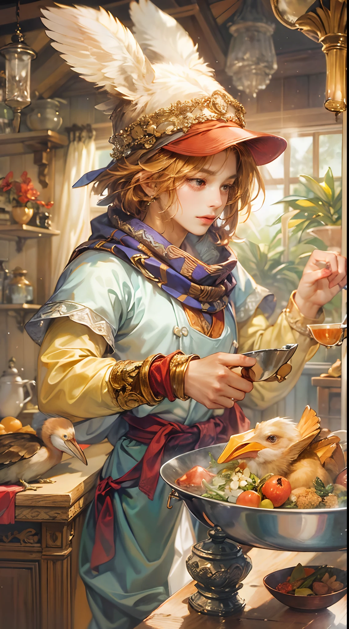(absurdres, highres, ultra detailed, HDR), masterpiece, best quality, legend of mana character, handsome young hero wearing detailed hat, detailed face, handsome face, shiloh talking to a pelican and a chubby rabbit wearing detailed scarf, cooking a food inside home, detailed character, detailed indoor, detailed home