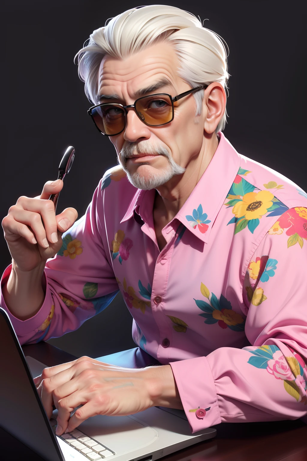 colorful old man is using computer, wrinkled skin, wearing sunglasses, masterpiece, (((simple background))), colorful, wearing colorful floral patterned shirt, overbearing face, pink shirt