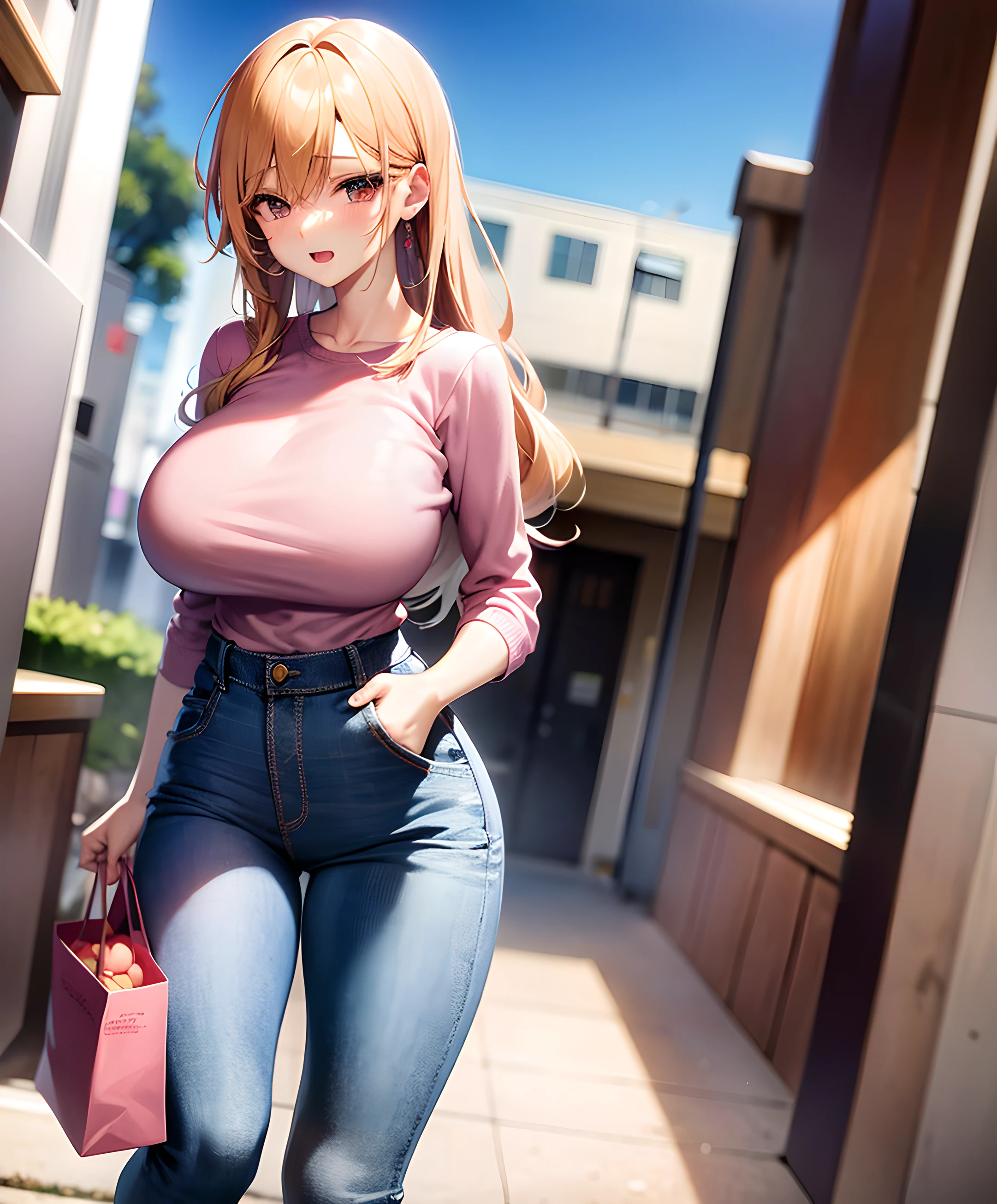 Anime girl in pink top and jeans stands on the street, Big breasts!!, Big breasts!, SFW huge breasts, with a big chest, Lori, a human-like juicy peach, Chest covered、SFW, Seductive Anime Girl, digital anime art!!, Ecchi anime style, Large breasts, semirealistic anime style, Big breasts