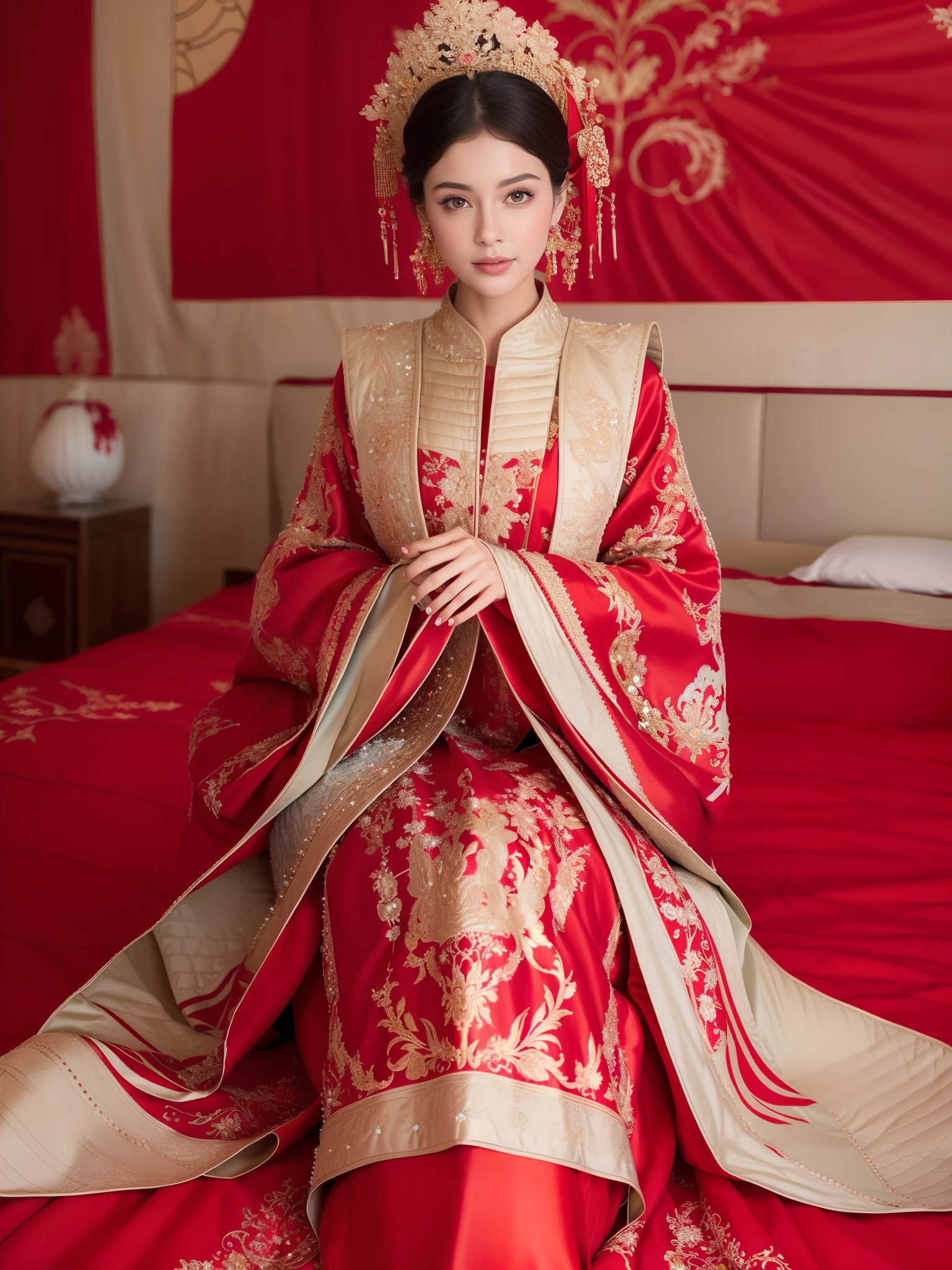 (Best quality: 1.1), (Realistic: 1.1), (Photography: 1.1), (highly details: 1.1), 1girll,Solo, Red and gold dress，head gear, (sitting on red bed), Blushing, Shy,Looking down, (2 red candles), Curtains, Earrings, Hair_decorations, interiors, jewelry, Redlip, nipple tassels, (Red quilt),Palace