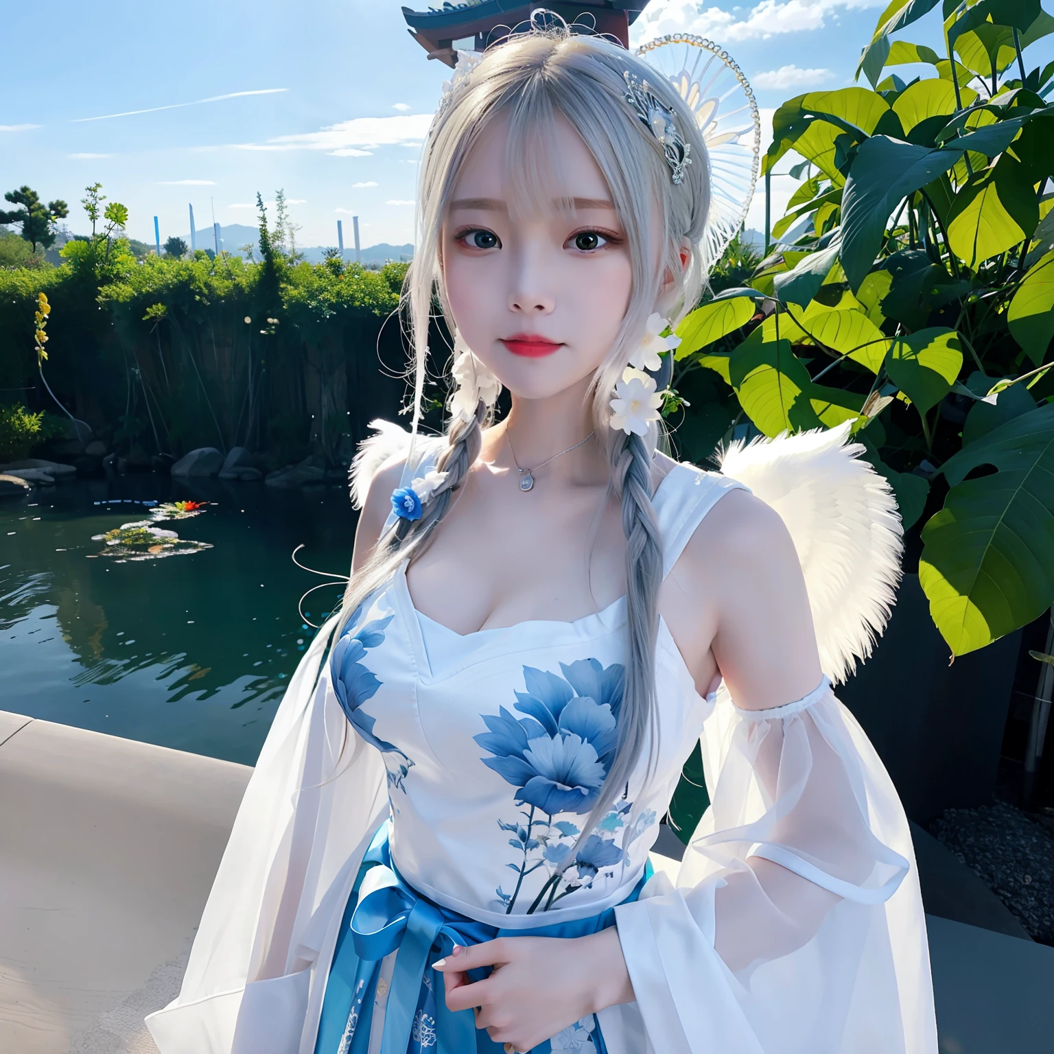 Masterpiece, Best quality, Ultra-detailed, illustration, Close-up, straight on, Face focus, 1girll, Wear Chinese clothing,（In white | Blue Hanfu：1.5）, Transparent tulle hanfu （1.5），Beautiful patterns on clothes ，Beautiful figure painting, Full chest, Ray tracing, Nature, High INE detail, Goddess face, 8K，Cold and pure face，Halo, Angel wings, Serene expression, view the viewer