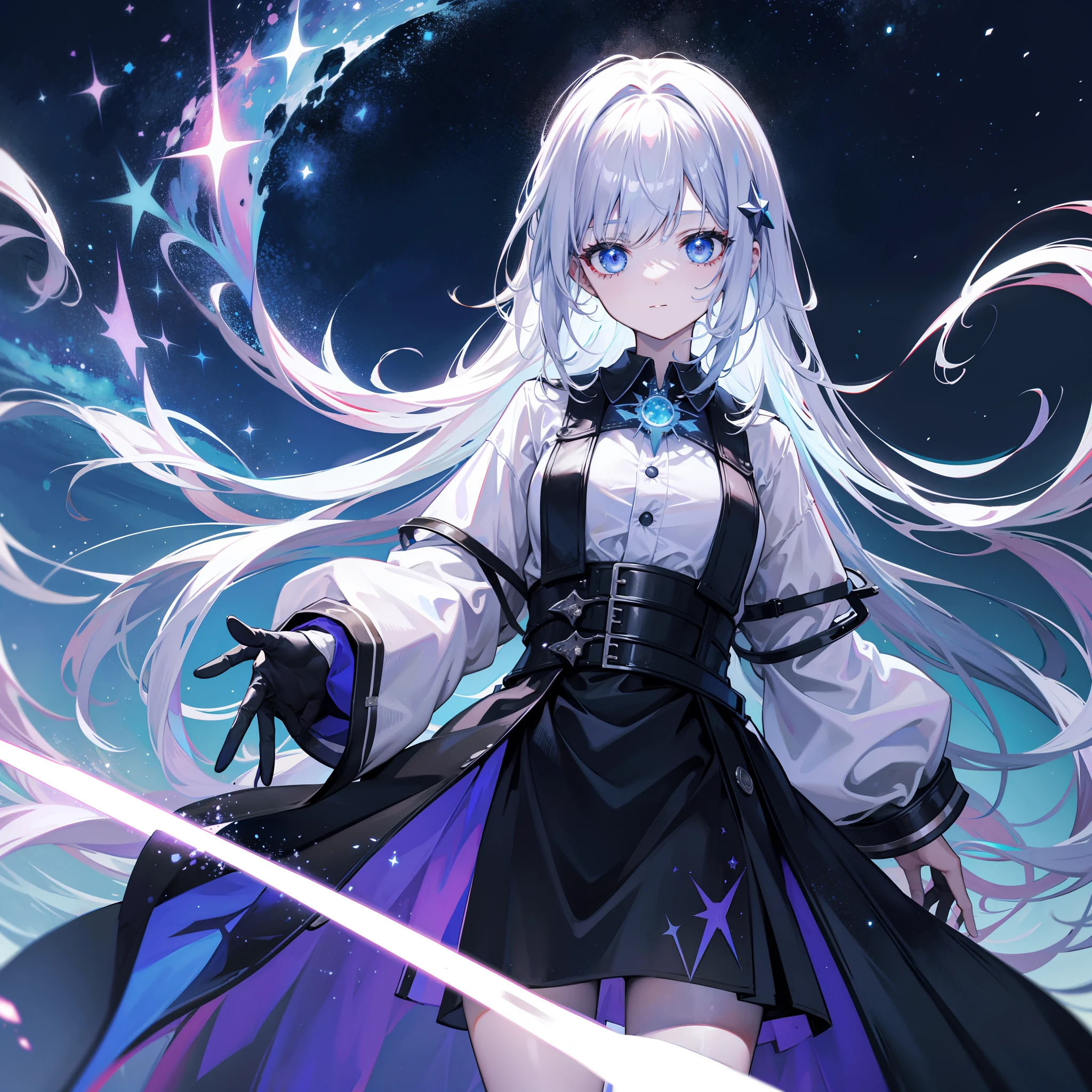 （（（highest quality、first-clasasterpiece、Normal body、8k、Detailed face、Ultra-precision、Normal hand、Normal finger、５Finger、）））Silver Hair、Princess、Black Dress、Black Skirt、Ridiculous Costumes、Shiny Tiara、Metal Boots、Death Scythe、Fantastic Scythe、Dark Scythe、Grim Reaper、grim Reaper、Milky Way、big bang、Supernova、Black Hole、巨大なmagic陣、背後にmagic陣、magic、Magic Light、magic cirlcle、Hel&Haven