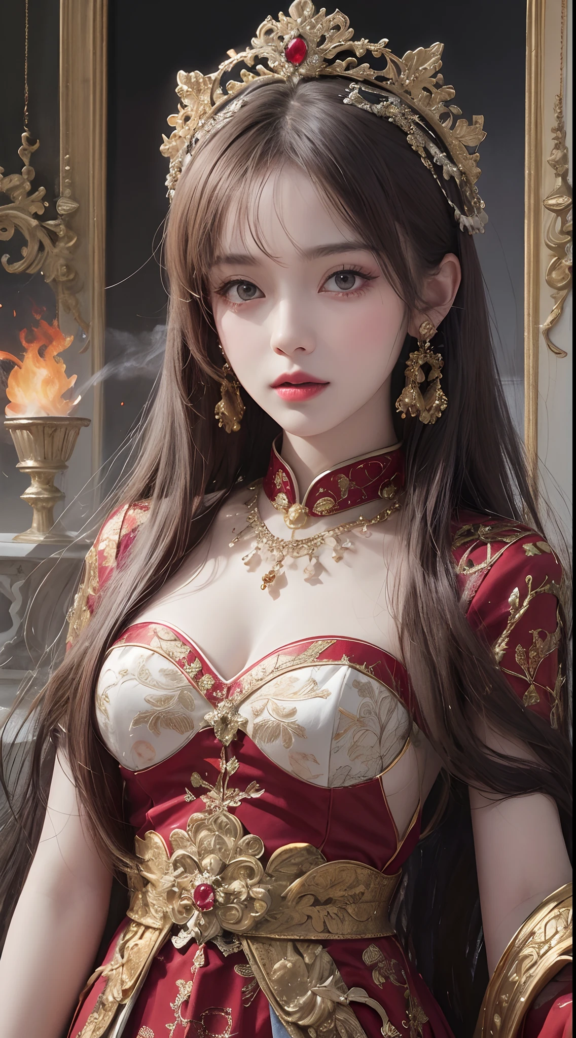 Portrait of a young 20-year-old saint, a saint with a beautiful and super cute face,Wearing a thin red dress with gold edging and glittering and sexy, Ao dai is studded with small sparkling pearls, beautiful cute face, Ao dai with a deep slit in the chest and attractive black and white lace trim, beautiful face without blemishes, Lovely smile, ((7-color hair length:1.2)), big crown, hair brooch, hanfu dress, chinese ancient style, full body jewelry, forehead tattoo, The female saint's breasts are round and very full, breast augmentation, innocent face, The most beautiful and detailed light red lipstick, ((Thin plump lips:0.3)), ((Golden eyes:1.2)), The eyes are delicately decorated,(white and detailed) cinematic, light and dark, dramatic lighting, magical light, extremely detailed light, true color, super sharp, realistic, 8k quality, fantasy universe background, saints and magical space, the most detailed images, Solo, a saintess, ((looking directly at the saint's upper body:0.4)), ((smooth skin:0.5)), Extremely detailed pixels, super true, extremely detailed and complex graphics, the highest resolution, close-up portrait,