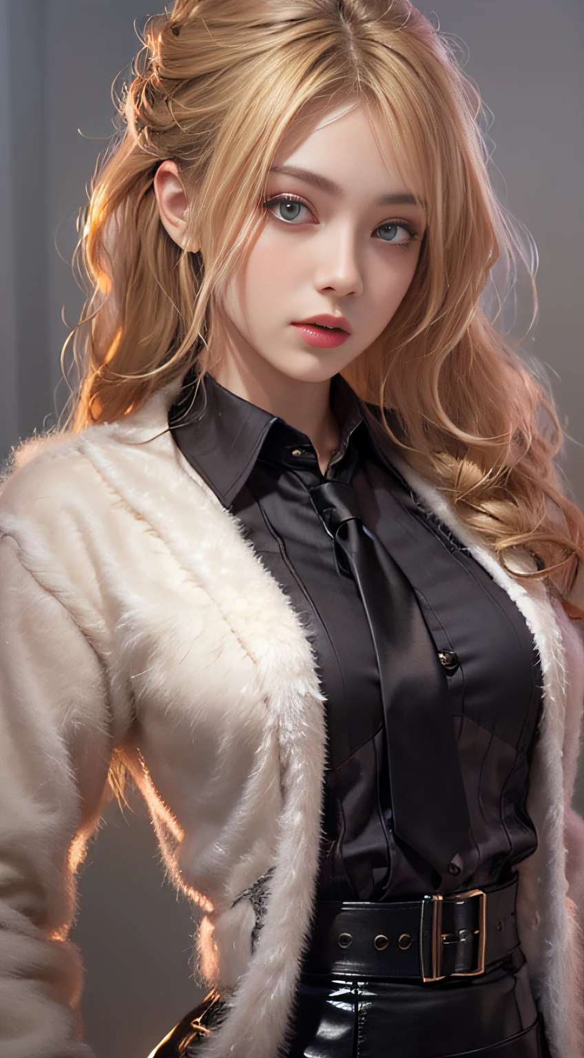 Photorealistic, high resolution, 1 Women, Solo, Waist up, Beautiful eyes, Close lips, Detailed face, Glowing blonde hair, Long hair, Collared shirt, black necktie,Black skirt, pencil skirts, Fur coat, Stockings