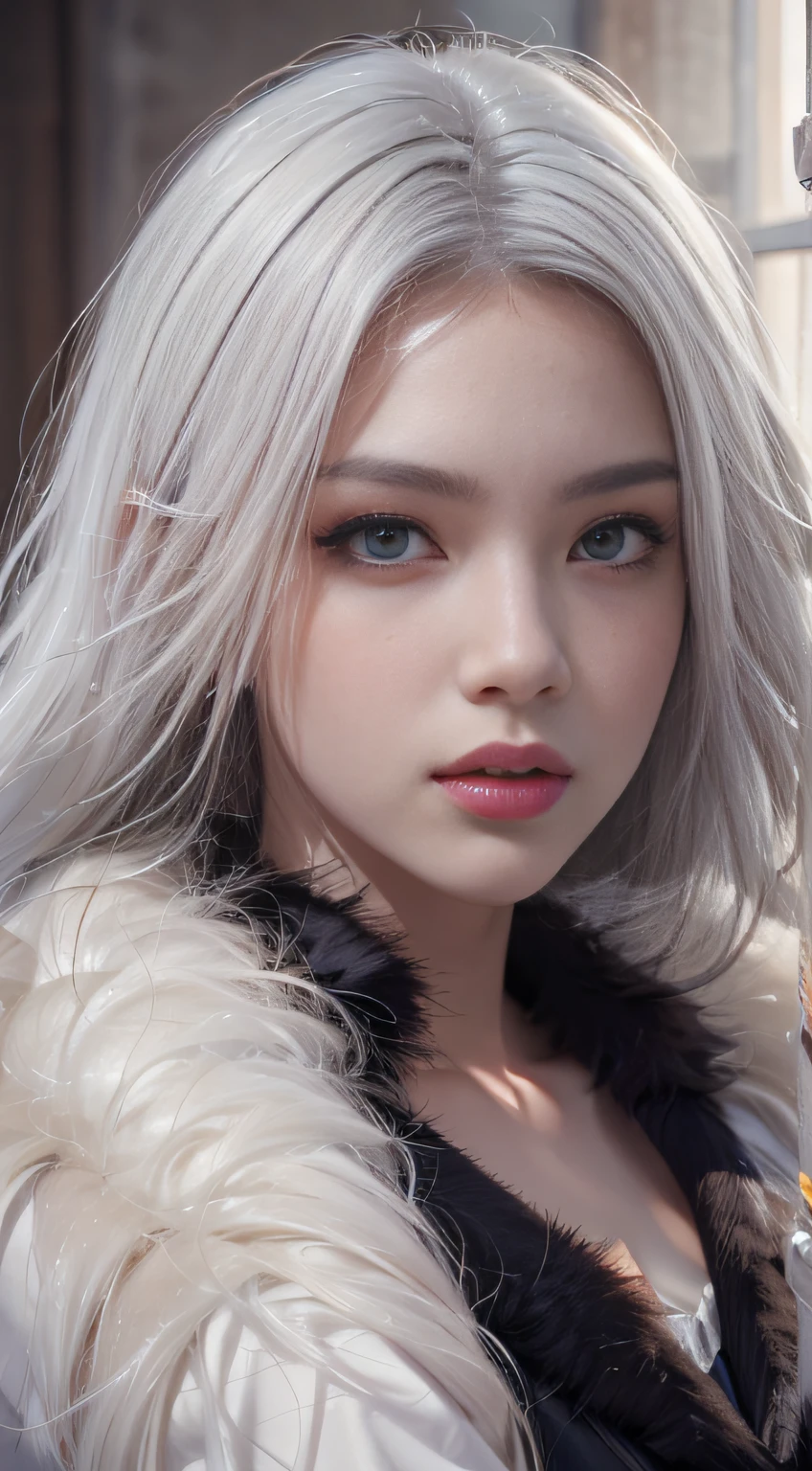 Photorealistic, high resolution, 1 Women, Solo, Waist up, Beautiful eyes, Close lips, Detailed face, White hair, Long hair, Collared shirt, black necktie,Black skirt, pencil skirts, Fur coat, Stockings