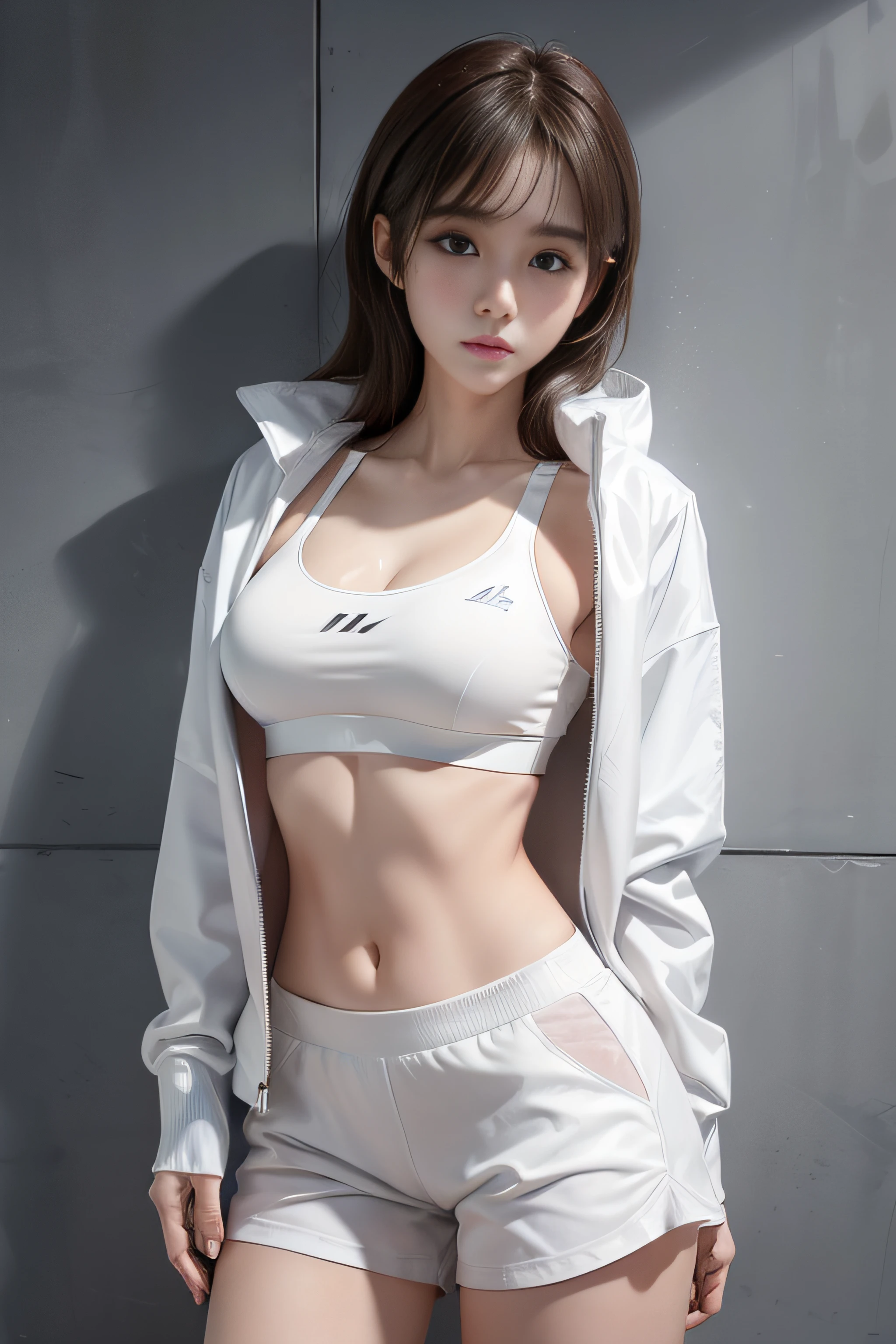 Alafed woman in white jacket and brown shorts poses for photo, sport bra and shirt, smooth translucent white skin, sport bra, Sports Bra, Sultry body with sexy belly, light milky white porcelain skin, smooth body features, White bra, Gorgeous young Korean woman, model with attractive body,  training bra, Open your crotch,tight push up bra,pureerosface_v1:0.8