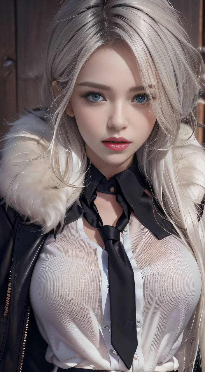 Photorealistic, high resolution, 1 Women, Solo, Waist up, Beautiful eyes, Close lips, Detailed face, White hair, Long hair, Collared shirt, black necktie,Black skirt, pencil skirts, Fur coat, Stockings