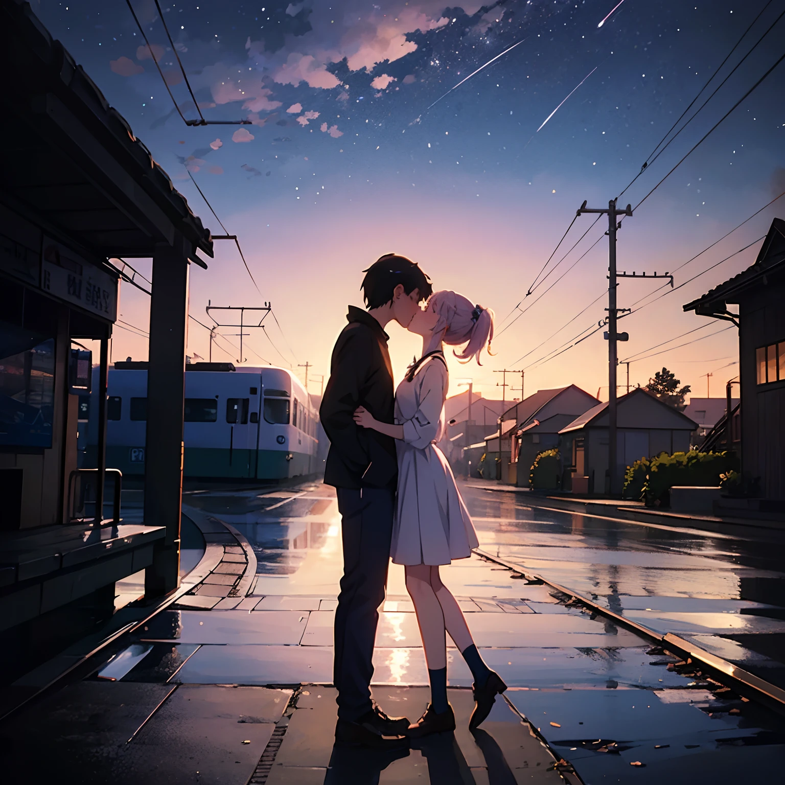 Anime scene where trains pass under blue and purple skies,Anime drawing by Makoto Shinkai,Popular trends on pixiv,magic realism,beautiful anime scenes,Cosmos Sky。 By Makoto Shinkai, ( ( Makoto Shinkai ) ), By Makoto Shinkai, Anime background art, Shinkai Makoto style.Detail enhancement,Perfect detailing,The stars twinkle ,Boys and girls kissing in front of the station