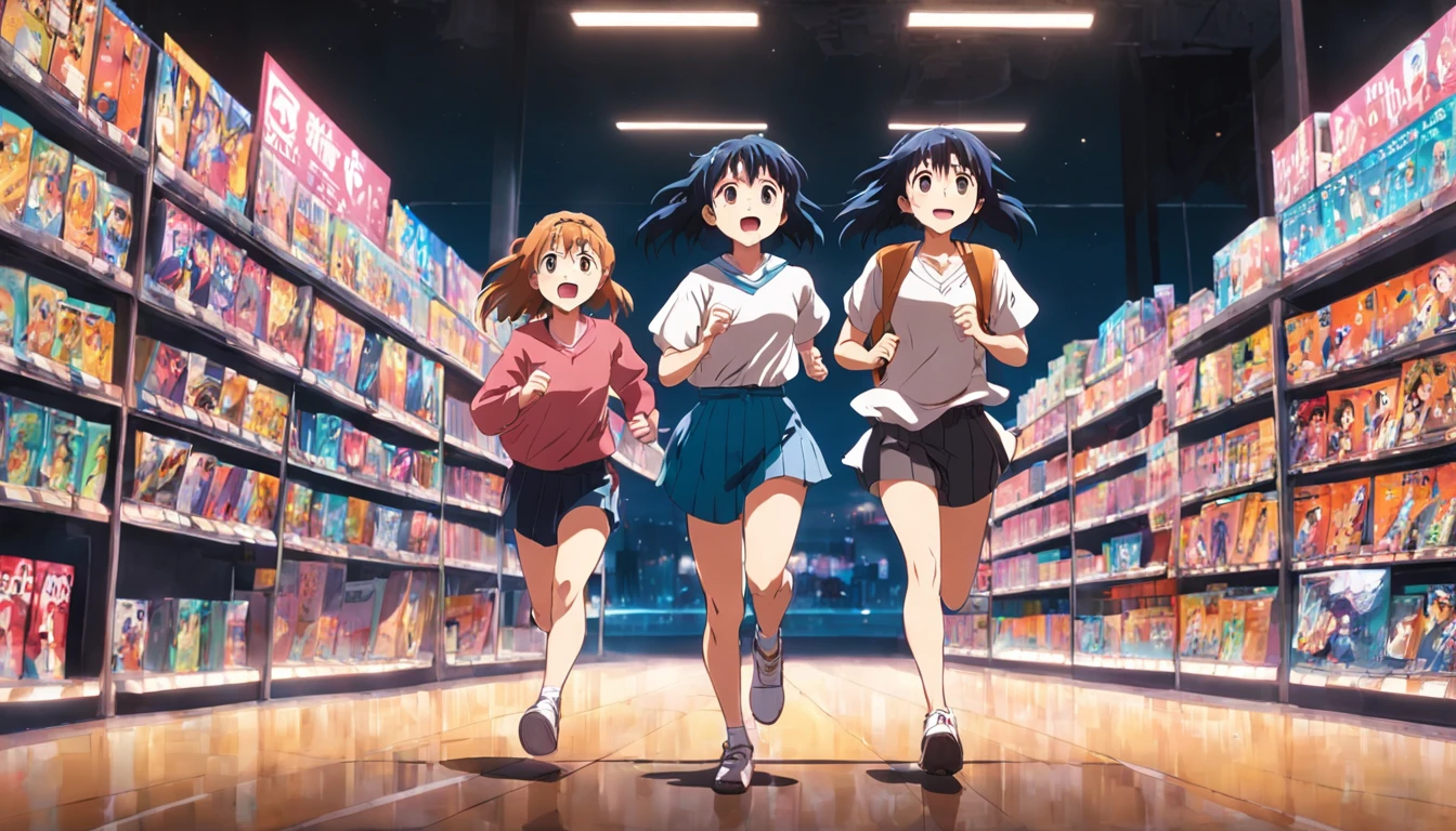 An image for a YouTube channel about movies and series, estilo anime, a girl running smiling and her friend running right behind, at a video store, filmes
