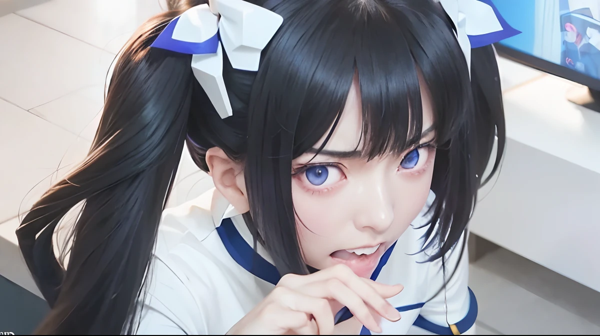 Anime girl with long black hair and blue eyes in white shirt, close up of lain iwakura, still from anime, albedo from the anime overlord, today's featured anime still, Still from TV anime, nagatoro, closeup Iwakura Lain, 2 0 1 9 anime screenshot, screenshot from guro anime, Kill la Kill、(((glareing、Clenching teeth)))