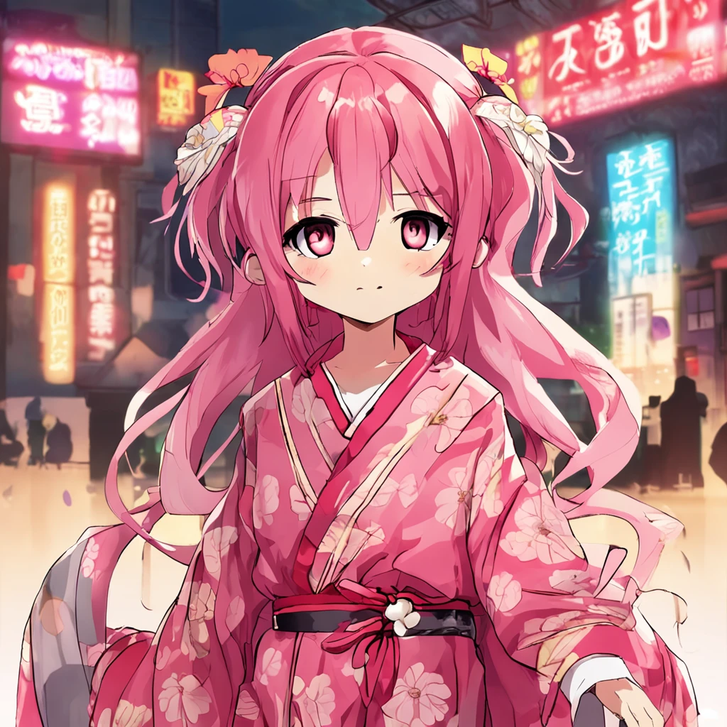 animemanga girl，Nagawa Taffy，A pink-haired，Yellow glasses，red kimono