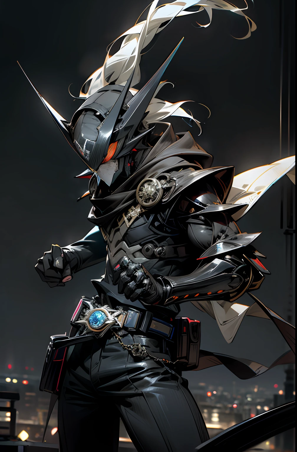 (8K,primitive,professinal,top-quality),(hentail realism,Photorealsitic:1.2),Perfect anatomy,(highest detailed face:1.2),Front lighting,Dark shadows threaten the city,Kamen Rider Sterden,Deep black and white silver metal body,Wear a deformed belt,Evil burns with blue flames,Defeat evil,intense battles,Special attacks(absolute zero),Kamen Rider illuminates the darkness,A white muffler flutters in the wind,Snow-white eyes