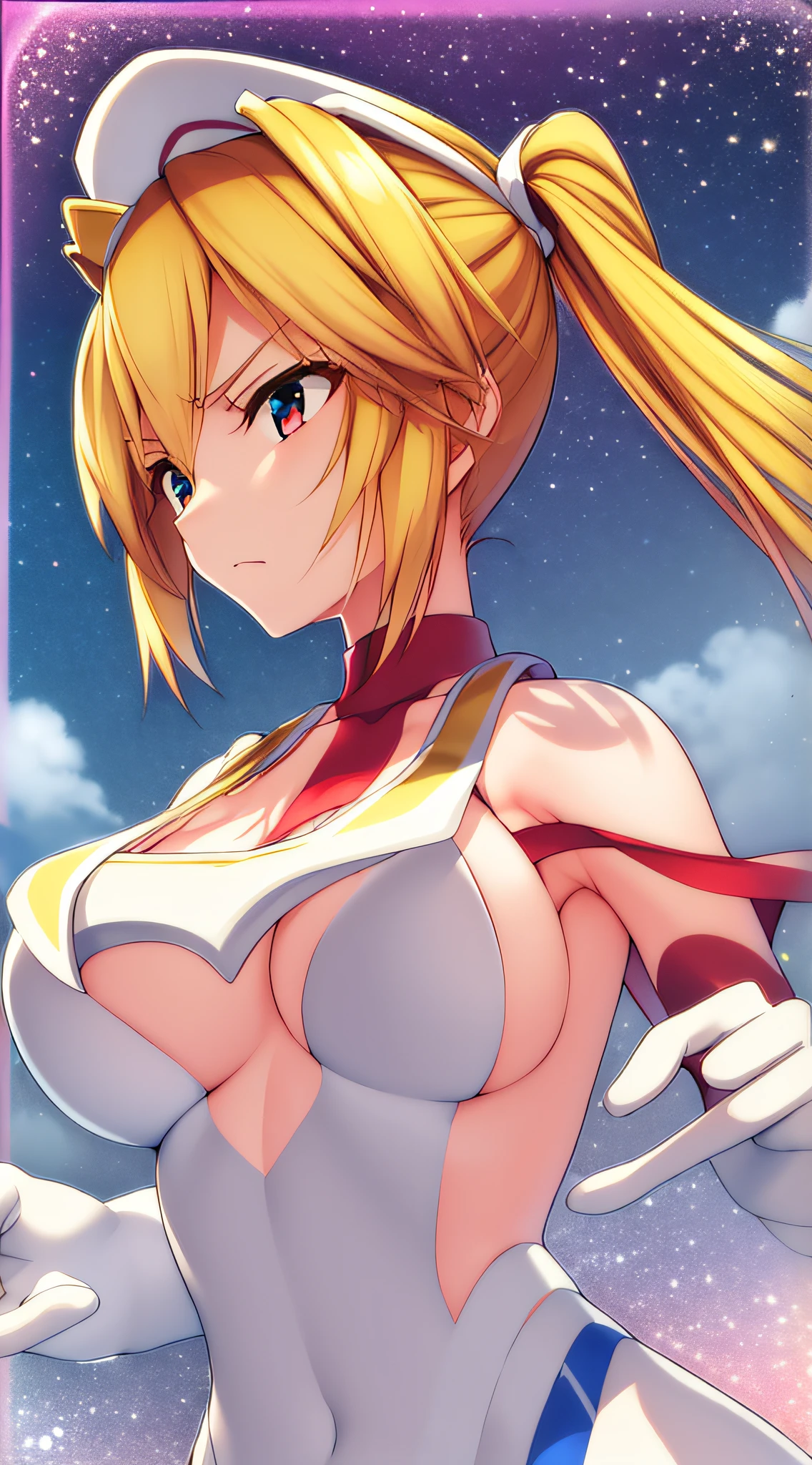 masuterpiece, Best Quality, 1girl in, Solo, (Color Timer, Red jewelry with low chest), (Detailed fingers, Detailed hand, Detailed face), Full body, Blonde hair, Ponytail, diadems, Upset, Blue sky, Scenery, See-through, outdoors, on back, hands on own breasts,