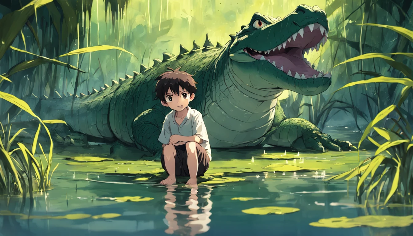 a boy raised by alligators in the swamp, alligator , boy , alligator , boy , cartoon