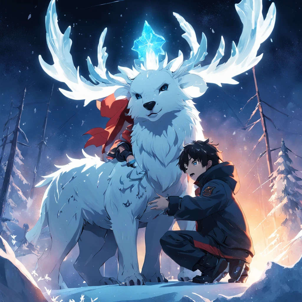 Top of a snowy mountain,2boys,Ice sculpture animals,Cold breath,Snowflakes in the stars,the night,(algidity:0.9)。