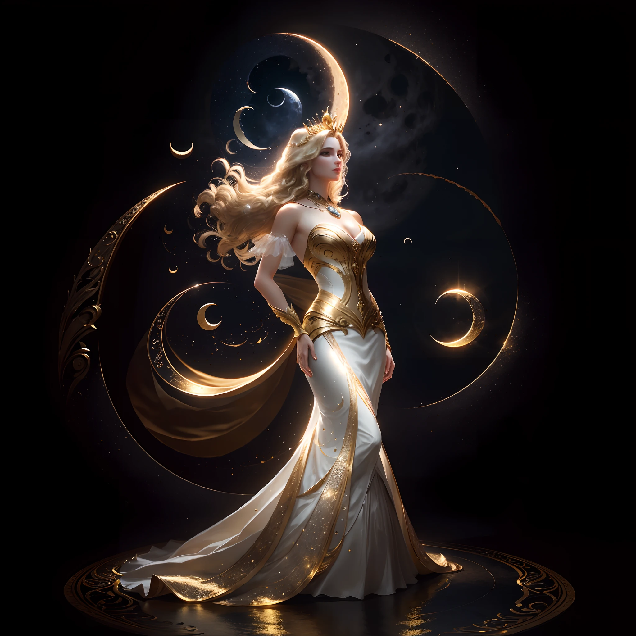 masterpiece, highest quality, solo focus, (perfect face:1.1) , (high detail:1.1), (dramatic, 1.5), 1 muscular female:1.3, (blonde curled hair:1.2), (gold jewelry), (crescent moon crown:1.3), (dresses in simple silver gown), (outdoors in deep darkness), (dark:1.3), (limned in bright light mirrored by the moon above her), hyper detailed, digital art, studio quality, smooth render, unreal engine 5 render, octane render, 8K, particle effects,