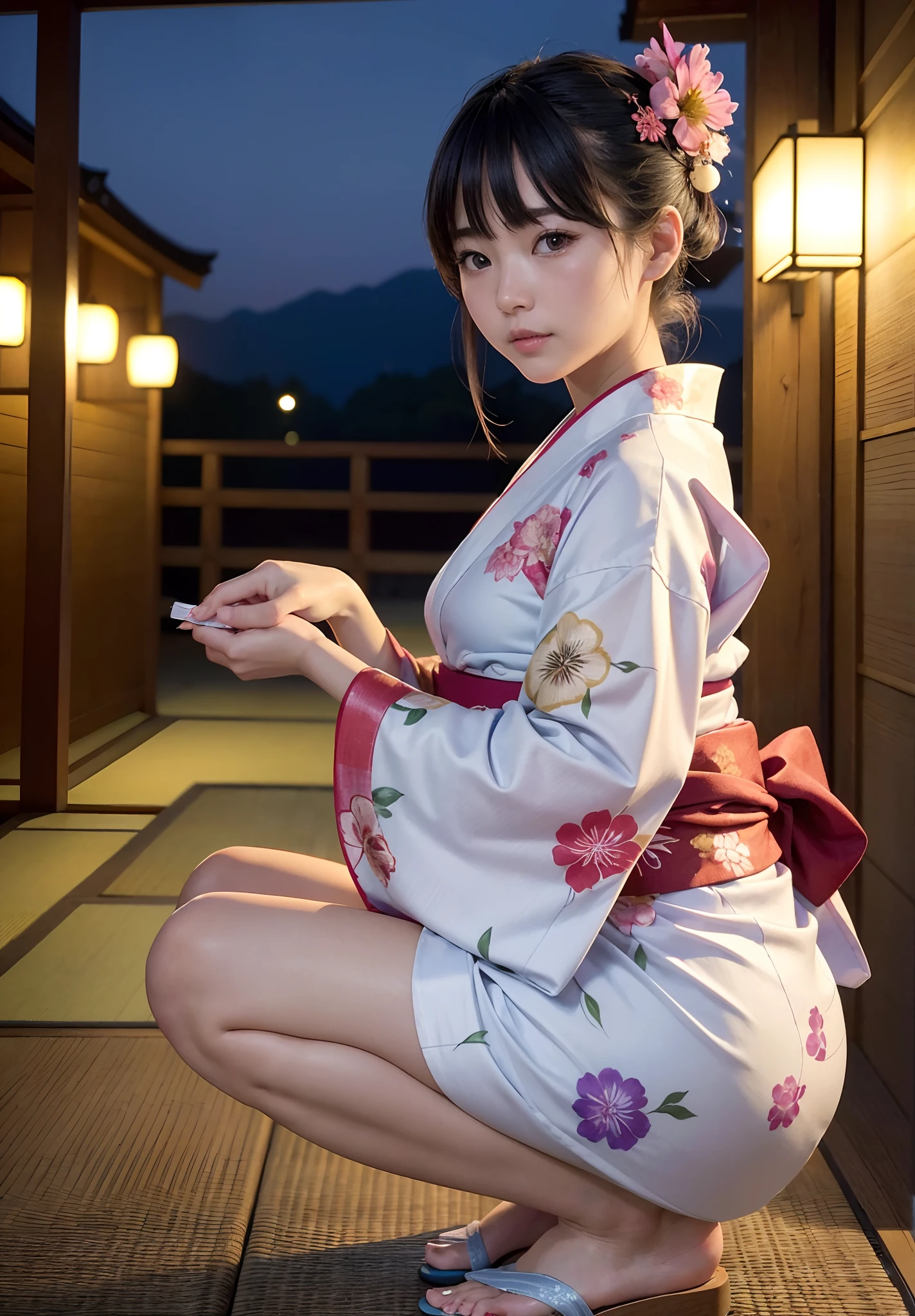 (in 8K、RAW Photos、top-quality、​masterpiece:1.2)、(realisitic、Photorealsitic:1.37)、ultra-detailliert、超A high resolution、(((Beautiful girl in Japan in yukata is squatting)))、(Have a yoyo)、(((Night background、Scenery of the Japan Festival、Background blur)))、woman wearing the kimono、classy yukata clothing、Wearing a colorful yukata、Wearing a kimono、japanese kimono、wearing a haori、Yukata with morning glory pattern、Sandals、Bare legged、Cotton underwear、dynamic ungle、动态照明