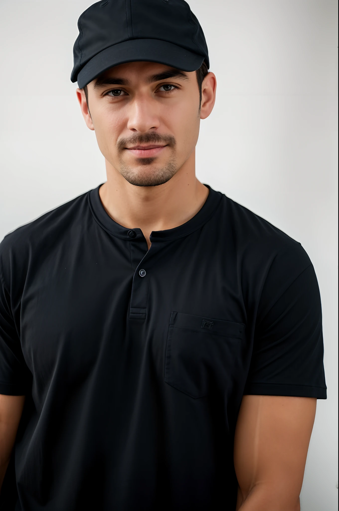 Arafed man wearing a baseball cap and a black jersey, em Camiseta, foto oficial do produto, vestindo uma camisa polo azul escuro, wearing a navy blue utility cap, inspirado em Albert Guillaume, vestindo uma Camiseta, extremely high-resolution, inspired by Eugène Brands, foto de um homem, Camiseta, T - Camisa, sem texto, Macho sorridente, fotografiarrealista, fotografia, obra-prima, realista, Realismo, renderizado, Alto contraste, Arte Digital, fotográficorealista, trend in Artstation 8k HD, high definiton, circunstanciado, Realistic, detalhada, textura da pele, hiperdetalhada, Textura realista da pele, melhor qualidade, ultra high-resolution, (fotografiarrealista: 1.4), alta resolução, detalhada, fotografia crua, sharp resolution, Nikon D850 filmes, fotografia de stock 4, Kodak Portra 400 Camera F1 Lens.6, textura hiper realista, lighting dramatic, Unrealistic trend in Artstation Cinestill 800, .RAW. Directed by: Lee Jeffries.