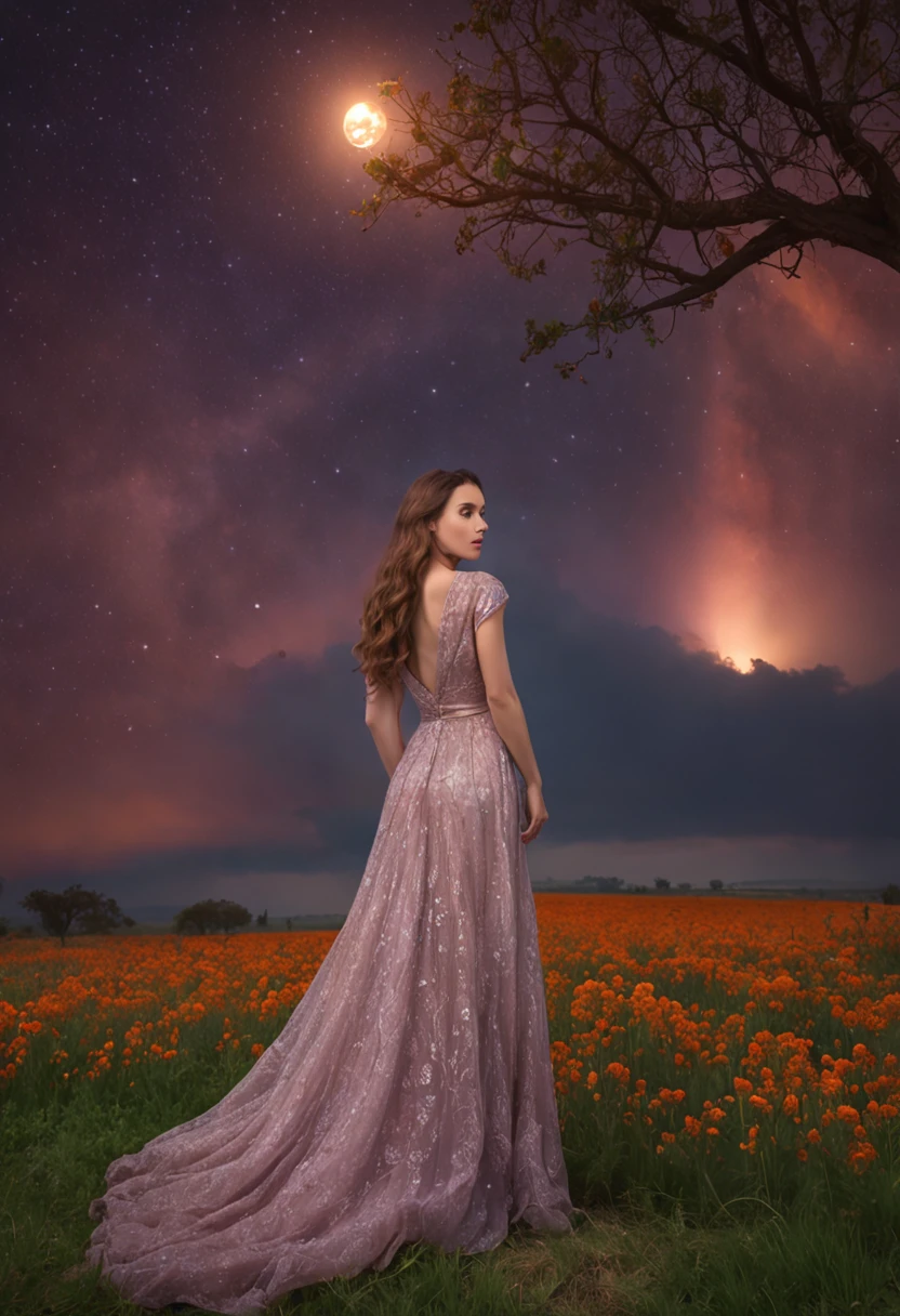 (expansive landscape artwork), (dramatic sky above, open field below), (a figure standing amidst a field of flowers, gazing upward), (luminous full moon:1.2), (captivating shooting stars:0.9), (mystical nebula:1.3), distant mountains, towering tree BREAK (production art), (warm and inviting light source:1.2), (magical Firefly:1.2), enchanting lamp, abundant purple and orange hues, intricate and elaborate details, ethereal volumetric lighting BREAK (exquisite masterpiece:1.2), (unparalleled quality), 4K resolution, ultra-detailed rendering, (dynamic and engaging composition:1.4), richly detailed elements, vibrant and lively colors, (iridescent colors:1.2), (softly glowing and atmospheric lighting), dreamlike and enchanting atmosphere, (solitary atmosphere, (solitary figure:1.2)