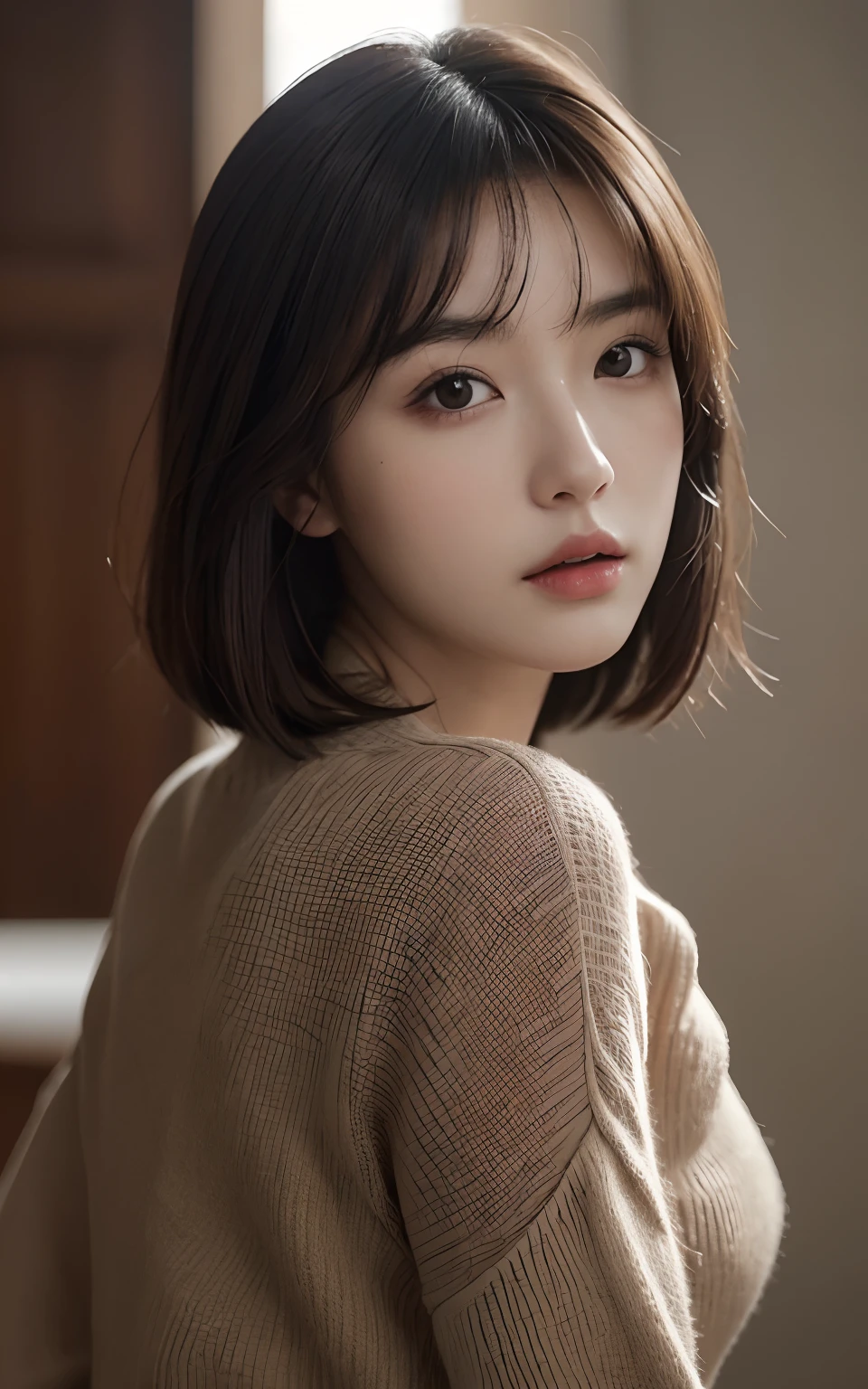 Masterpiece, Best picture quality, High quality, Beautiful Japanese girl, Cute, Intaglio idol diagram, Detailed, Detailed eyes, Detailed skin, Beautiful skin, 超A high resolution, (reality: 1.4),Very beautiful, Slightly younger face, Beautiful skin, Slender, (Ultra photo realsisim), (A high resolution), (8K), (Very detailed) (Beautifully detailed eyes), (Super detailed), (the wallpaper), (Detailed face), view the viewer, Fine details, Detailed face, Sad, Sweater, Skirt, Staring straight ahead, Staring straight ahead, angle from waist up, Realistic photo, Bright lighting, Professional lighting, Mature woman, (Brown hair, bob hair, layer cut, Swaying in the wind, bangs),
