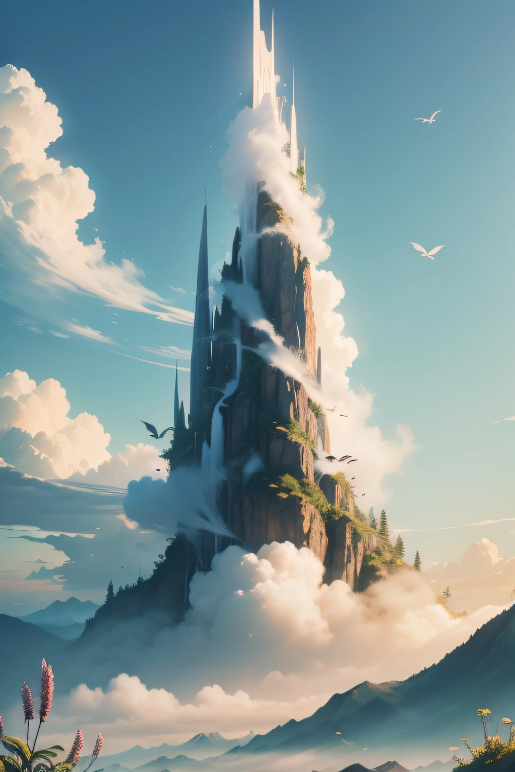 A large castle in the middle of a mountain surrounded by clouds - SeaArt AI