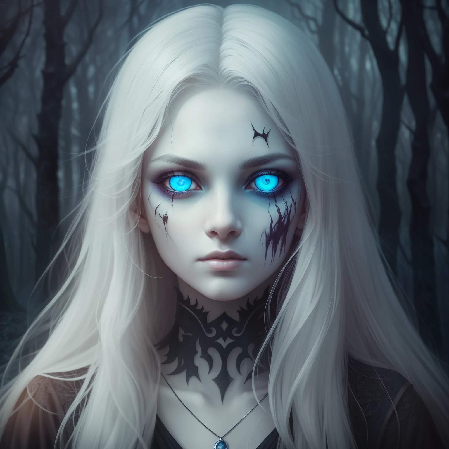 dark, unholy, evil, astral, creepy style, undead, mystical, nice perfect face with soft skin, young beautiful girl portrait in the woods, mist, night, long white hair, starung inti the abyss, glowing blue eyes