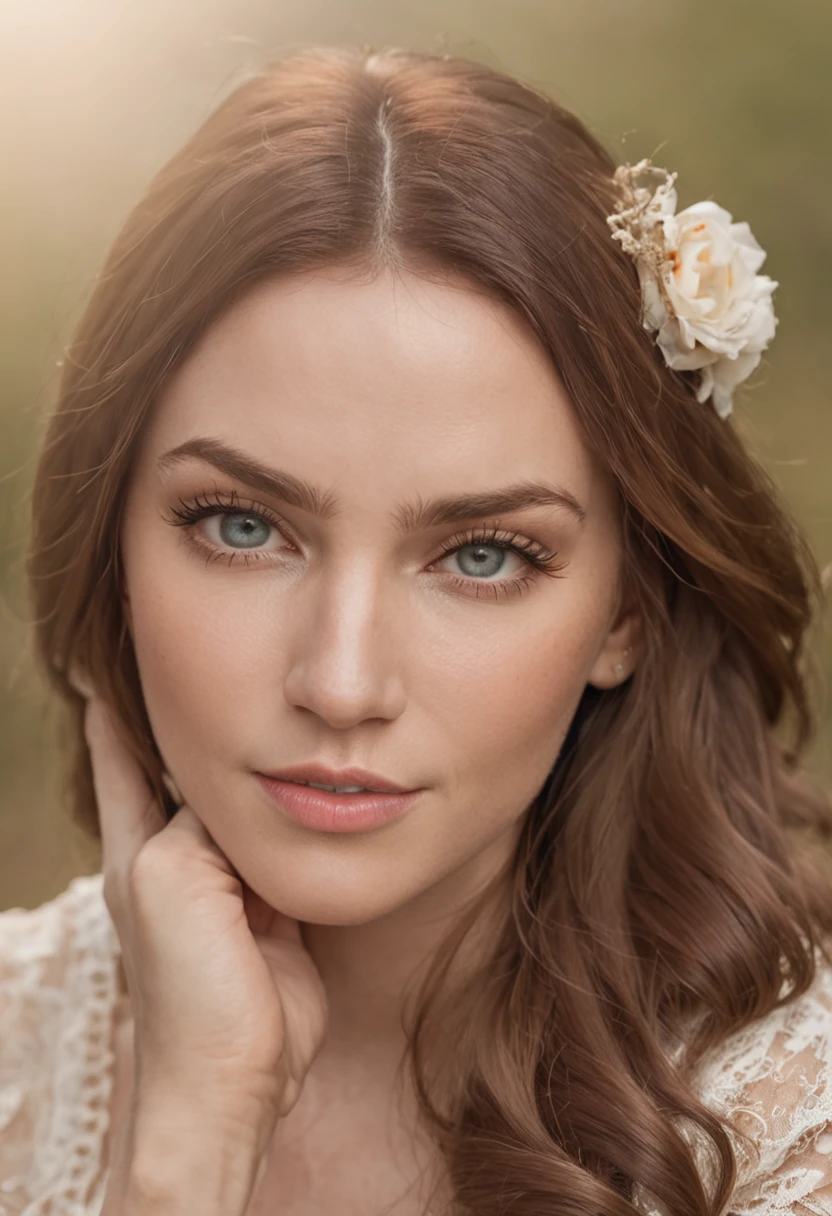 3/4 portrait, modelshoot, beautiful woman, naomi watts , rustic meadow, wildflowers, rolling hills, golden hour, rustic, dreamy, warm, masterpiece, best quality, perfect eyes, detailed eyes, (style of fantasy:1.3)