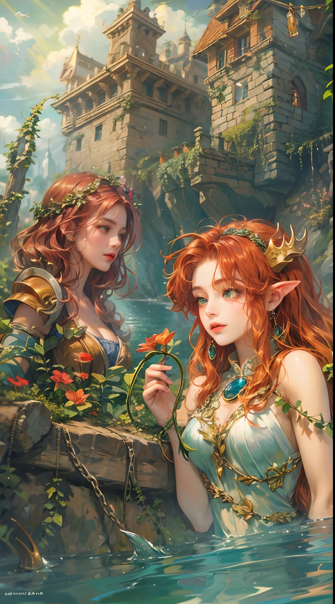 (absurdres, highres, ultra detailed, HDR), masterpiece, best quality, legend of mana character, heroine, detailed face, beautiful face with decorative pins on hair, seraphina talking to a red haired mermaid with green eyes with two vines antler outside polpota harbor, detailed character, detailed outdoor harbor, detailed polpota harbor